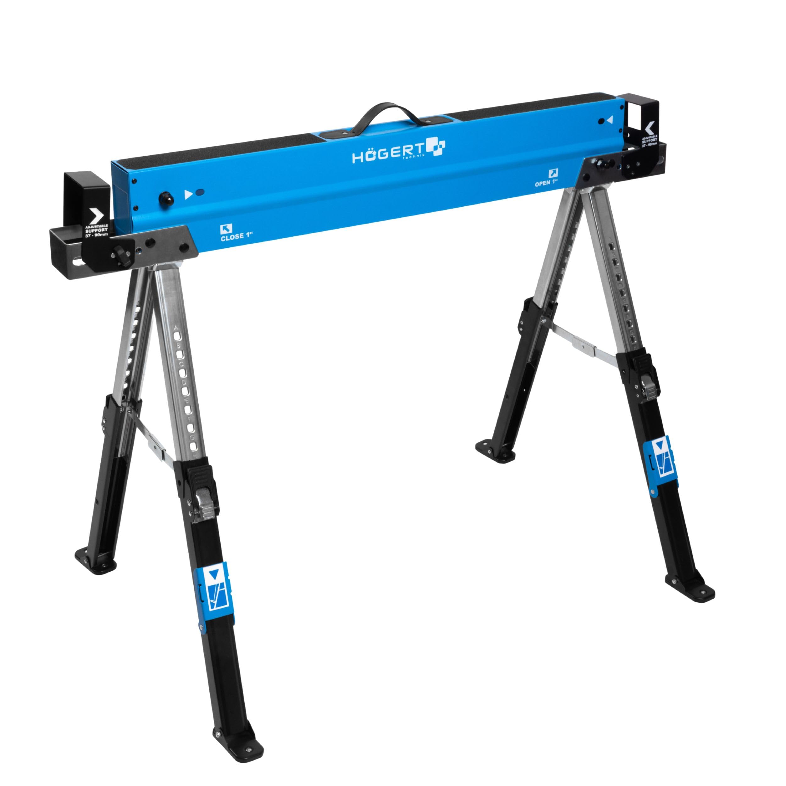 HÖGERT TECHNIK Tréteau pliant réglable en hauteur de 61,5 à 82 cm avec capacité de charge de 590 kg, supports de poutre de 40 à 90 mm, surface de travail antidérapante, supports pliables et poignée de