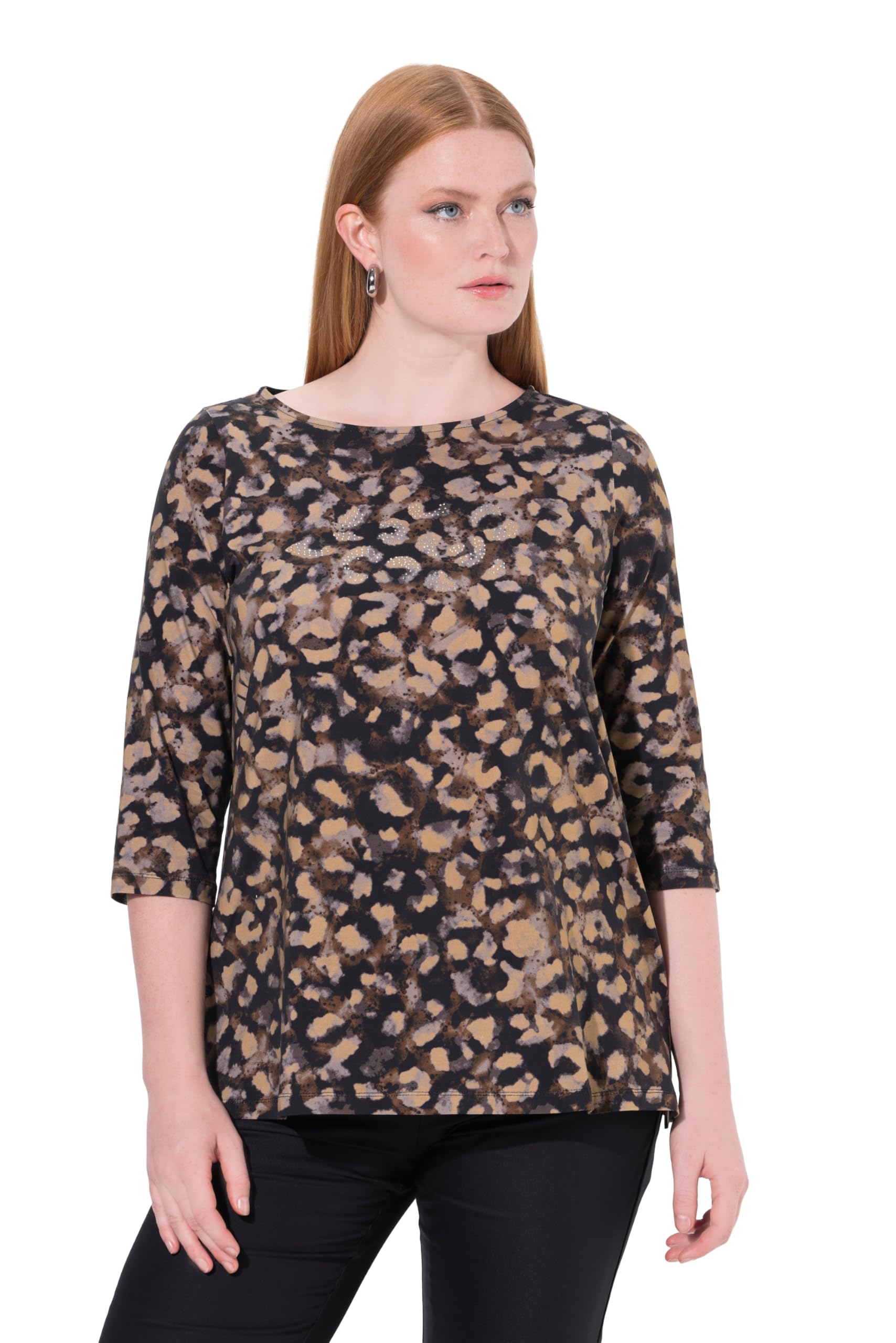 Ulla Popken Damen große Größen Übergrößen Plus Size Shirt, Ziersteine, A-Linie, Rundhals, 3/4-Arm, Pima Cotton 844936
