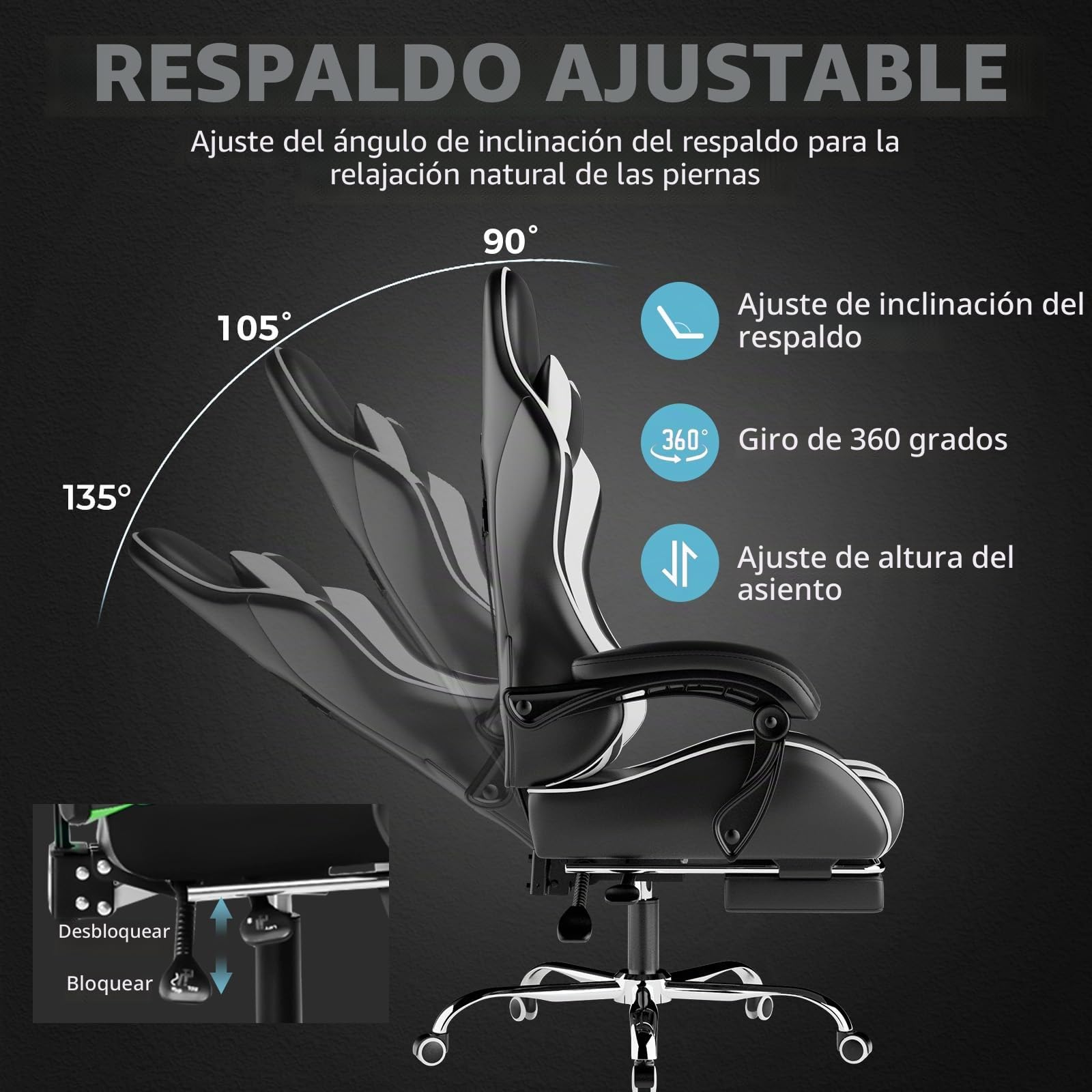GTPLAYER Silla de Oficina para Gaming, Masaje, sillón, Silla ergonómica para Gamer, con reposapiés, reposacabezas, cojín Lumbar, Acolchado, Silla giratoria, Color Blanco