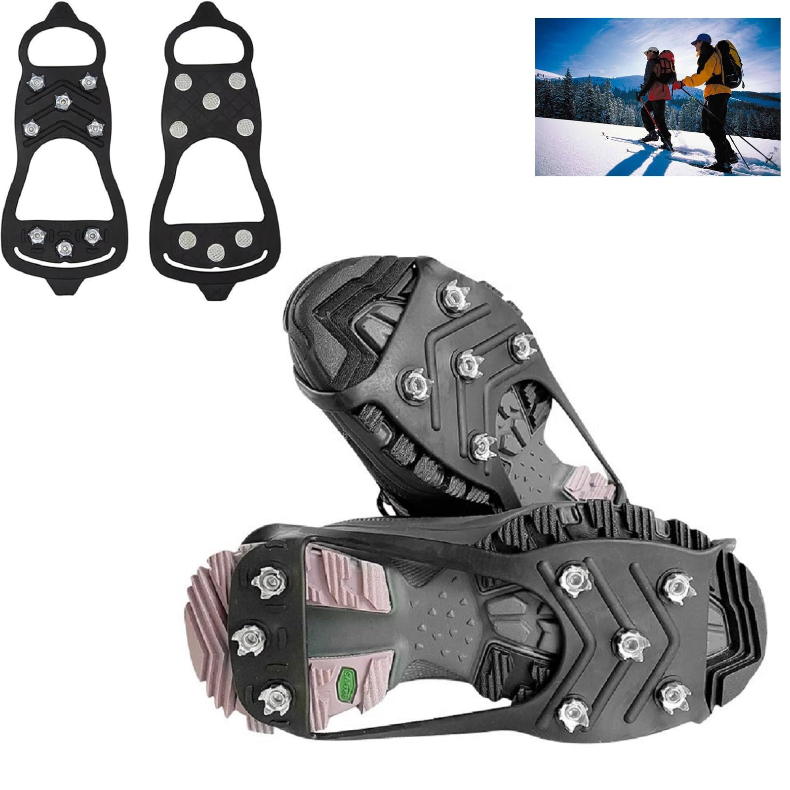 Taozoey Ramponi Ghiaccio, 11 Denti Ice Grips, Ramponi Antiscivolo, Ramponi da Neve Antiscivolo, Ramponcini per Scarpe, Ice Tacchetti per Camminare su