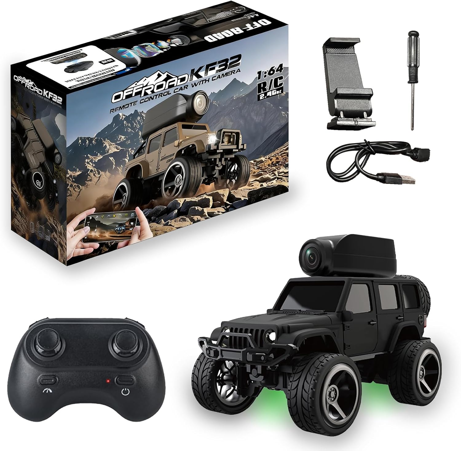 Mini RC Crawler, 1:64 Alloy RC Crawler with 480P Camera, WiFi APP Control, Gravity Sensing, Auto Demo, Cruise Control, Lights, Photo Video, 2.4GHz Mini Vehicle for Teens Adults (Black)