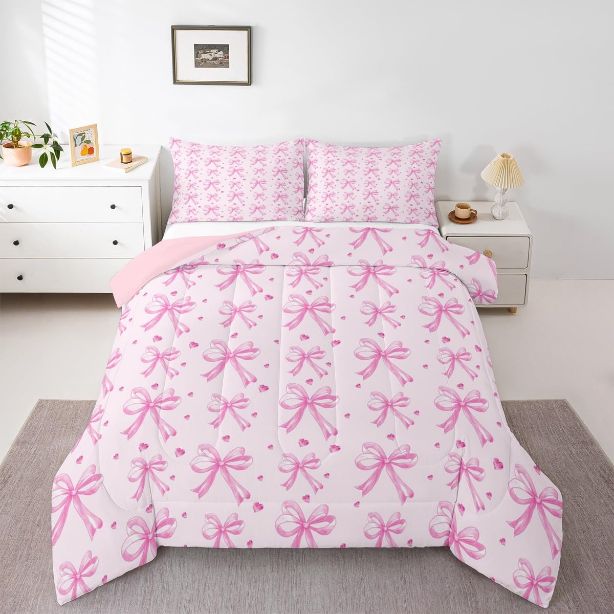 Erosebridal Coquette Bowknot Comforter Set King Size Love Heart Bedding Set for Adutls Men Women Cute Bows Comforter Kawaii Pink Ribbon Quilt Bedroom Decor