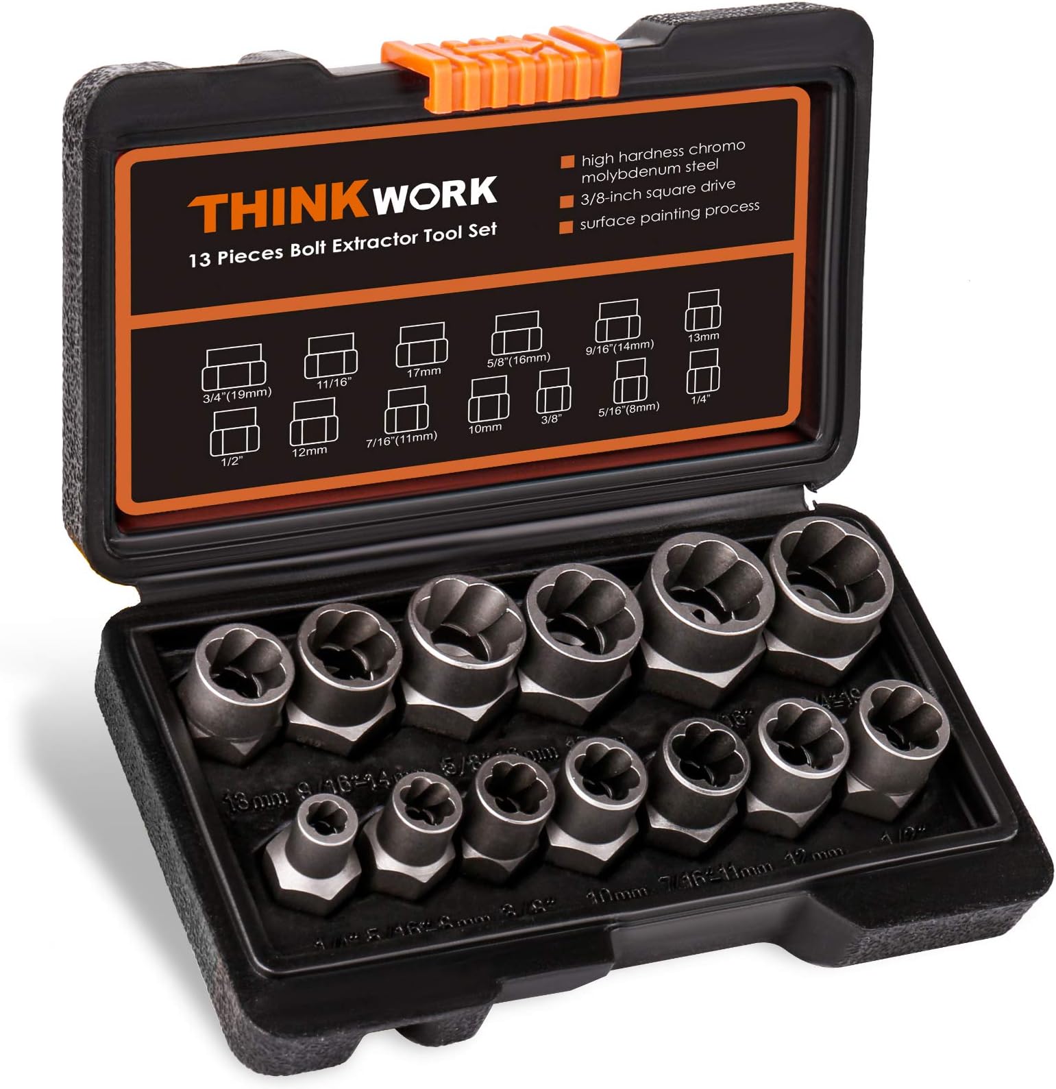 THINKWORK Impact Bolt & Nut Remover Set, 13+1 Pieces Bolt Extractor Tool Set, Stripped Lug Nut Remover, Extraction Socket Set for Removing Damaged, Frozen, Rusted, Rounded-Off Bolts, Nuts & Screws