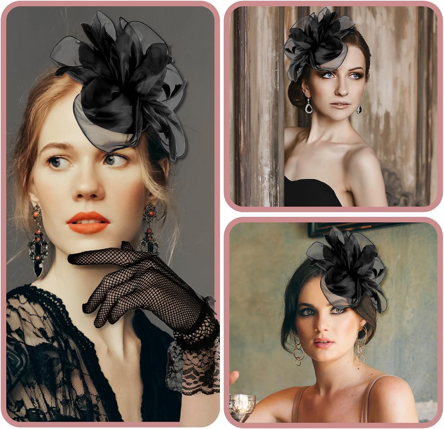 Sibba Tea Party Hat with Lace Gloves 1920s Vintage Fascinator Hats Cocktail Flower Headpiece for Women Girl Black Wedding Ribbons Feather Hair Clip Pillbox Fascinators Hat Church Banquet Cosplay Party - Image 6