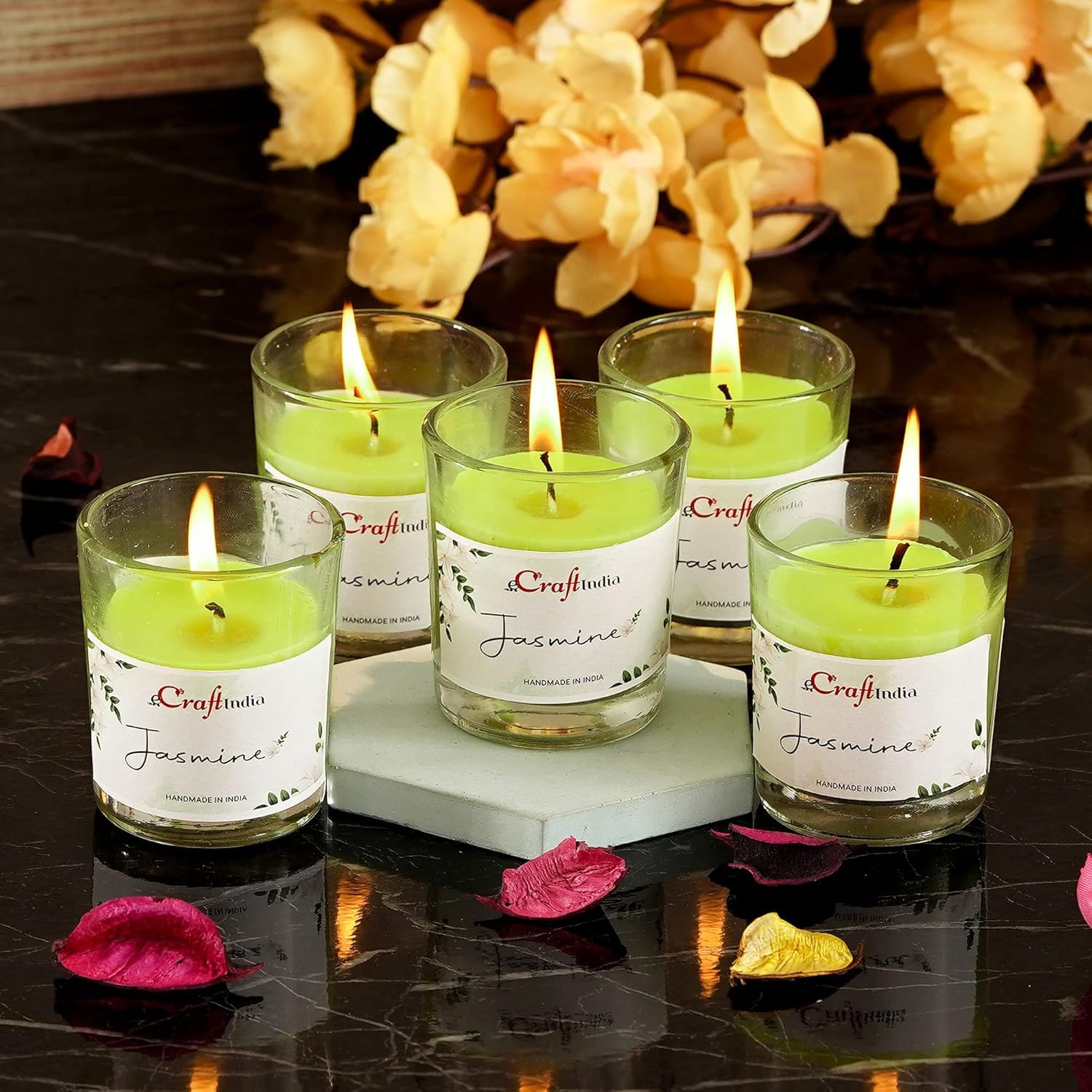 eCraftIndia Set Of 5 Glass Jasmine Scented Candles For Home Decor - Fragrance Candles For Bedroom Or For Meditation, And Studying - Gift For Christmas, Diwali, Wedding, Housewarming, Valentine's Day