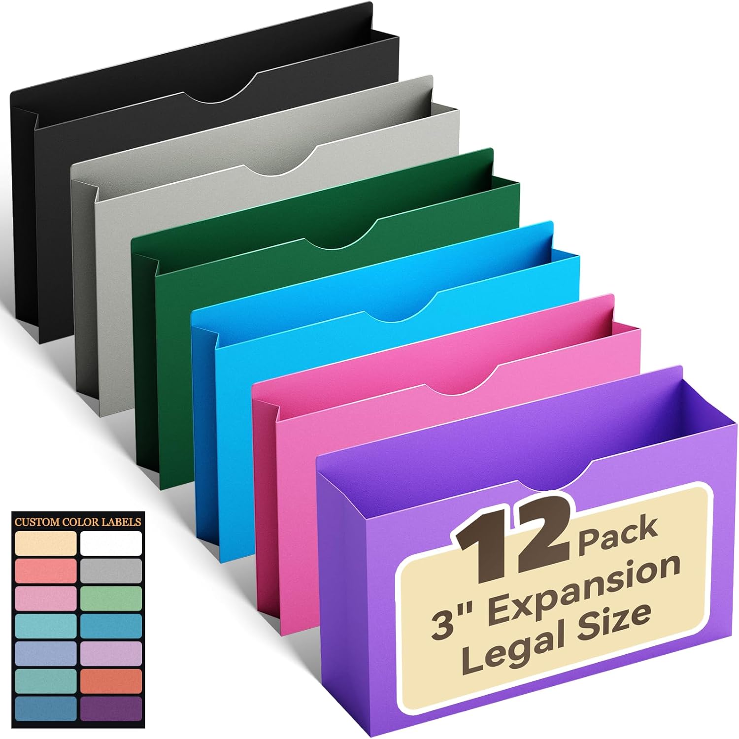 ANSOOK 強化プラスチックファイルジャケット 高耐久 3インチ 拡張アコーディオンポケットファイルフォルダー ポリマニラフォルダ