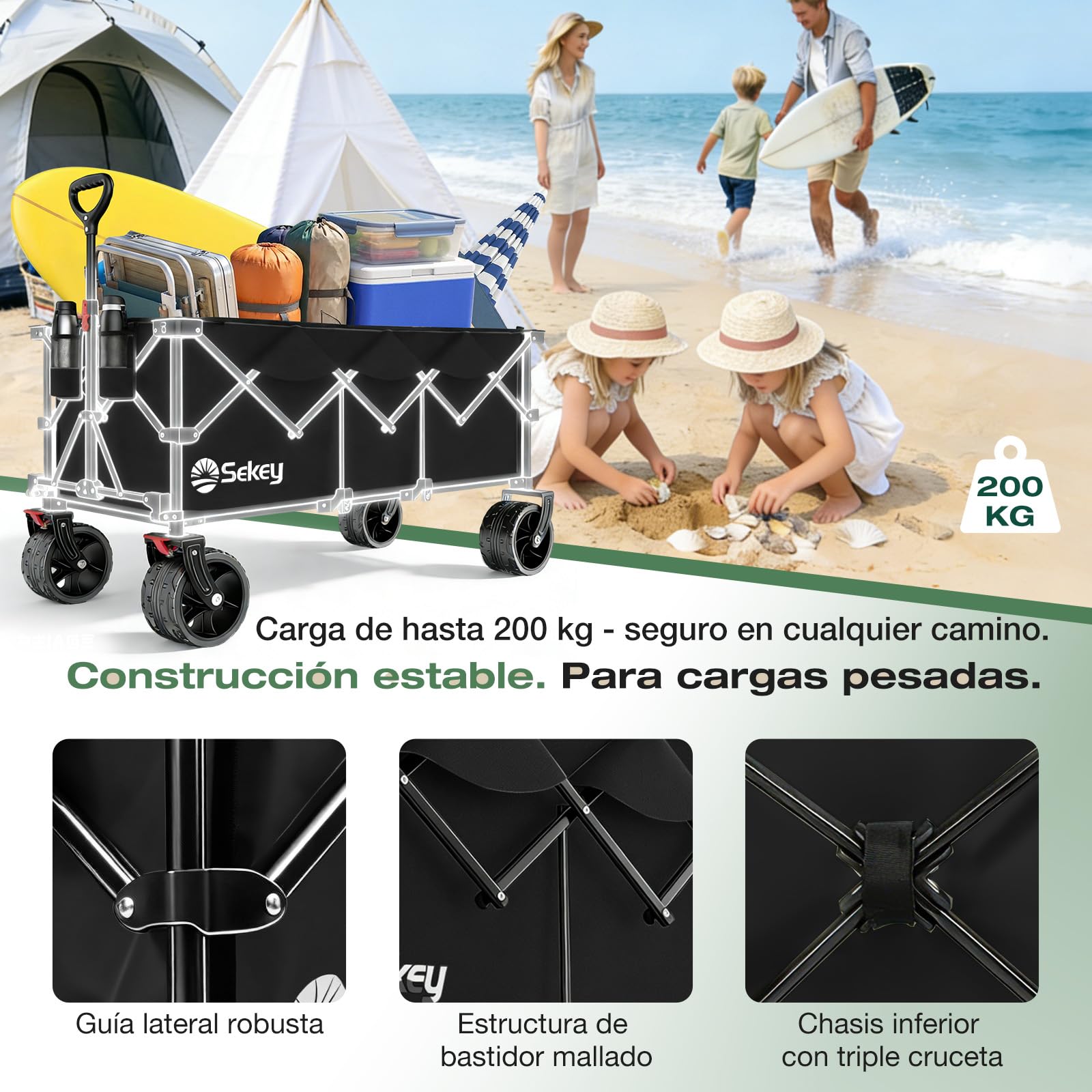Sekey XXXL Carro Transporte Plegable 300L Capacidad 200KG, Modelo Alargado con Ruedas Todo Terreno 17x10 cm, Patente Sistema 4 Direcciones de Montaje Rápido, Negro
