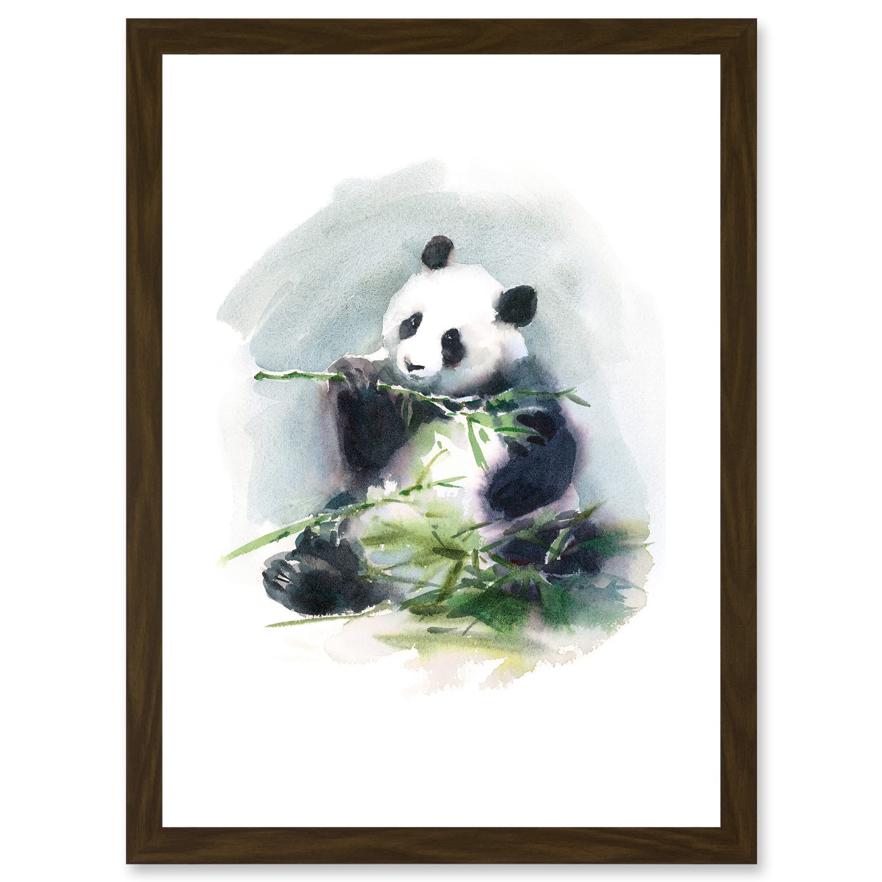 Wee Blue Coo Panda Eating Bamboo Watercolour Artwork Framed Wall Art Print A4