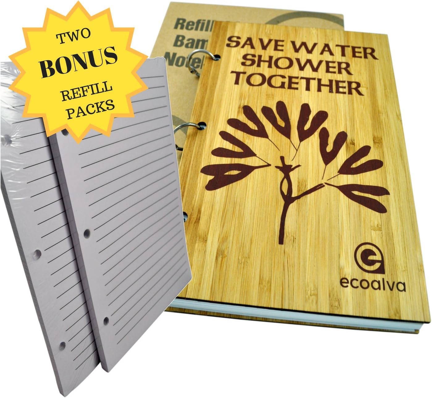 ecoalva Refillable Bamboo Notebook Journal Diary With Lined Pages | Ergonomic Size Notepad With Eco Friendly Hard Cover | For Writing Prompts, Diet Planning, Weight Watchers, Scrapbook, Travel