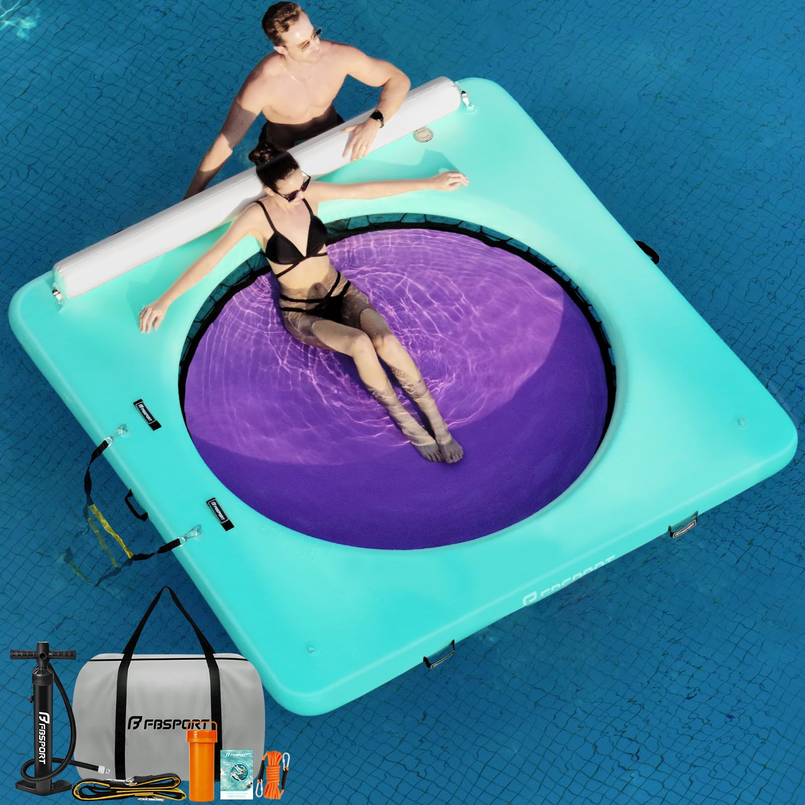 FBSPORT Aufblasbare Wasserhängematte – runder Schwimmring für Fluss und See, aufblasbare Schwimmplattform mit Leiter und Getränkehalter, schwimmende Plattform für Poolpartys