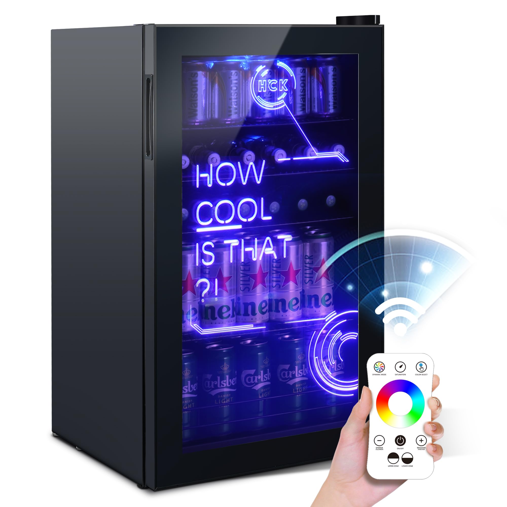 HCK Nevera Pequeña 98L, Mini Nevera con Iluminación Moderna Cyberpunk, Frigorifico Puerta Cristal de 0 a 10°C, Para Sala de Juegos, Fiesta, Negro