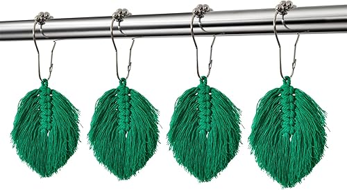 RoomTalks Juego de 12 ganchos decorativos de hojas de macramé verdes para cortina de ducha anillos de cortina de ducha bohemios resistentes a la