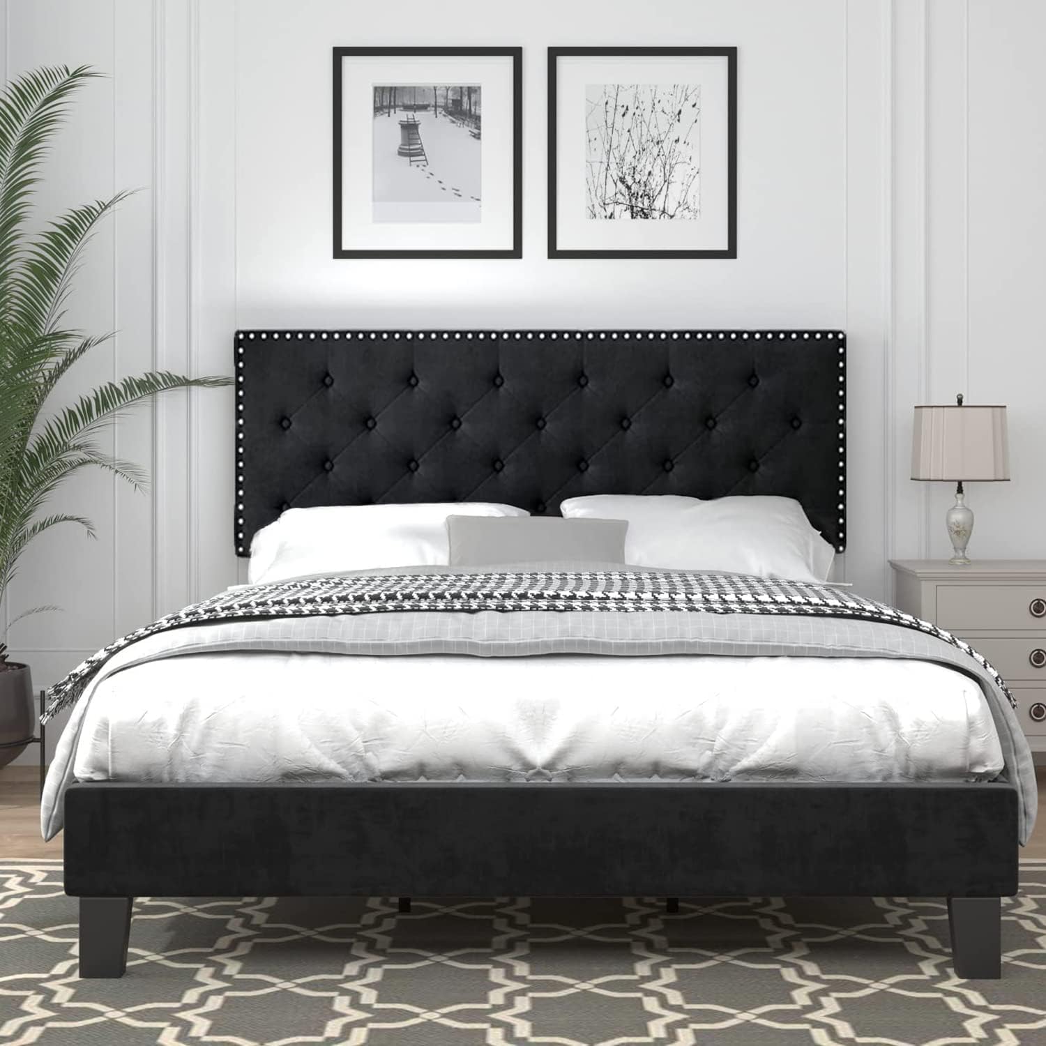 Bed Frame Queen Size, Velvet Upholstered Platform Bed Frame