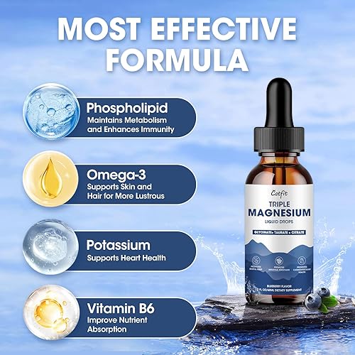 Miniatura 3 de Gotas líquidas de glicinato de magnesio con taurato y citrato, suplemento de magnesio para dormir, calma y relajación, con potasio y omega-3,