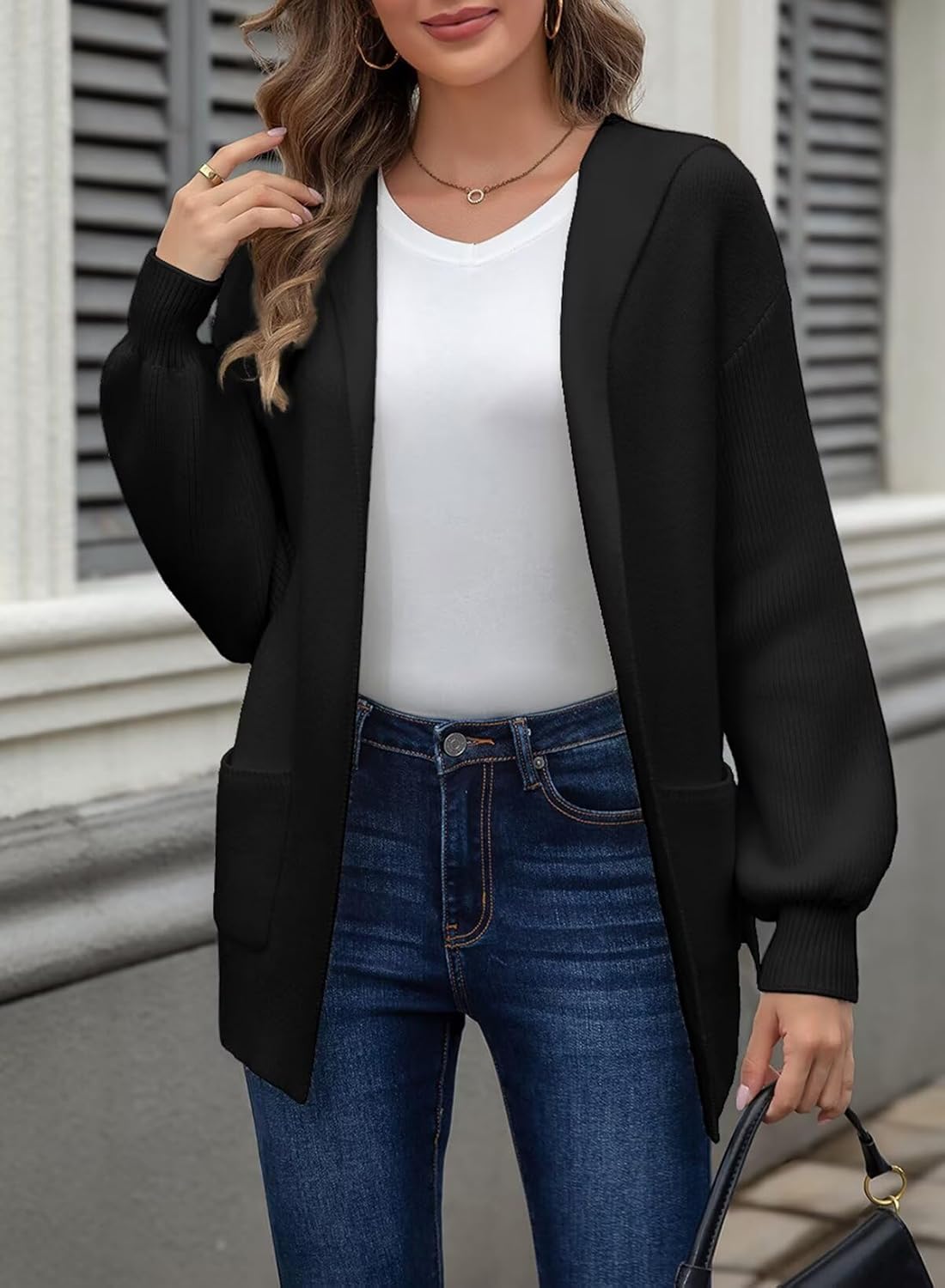 Astylish Women Hooded Cardigan Sweaters Chunky Open Front Pockets Oversized Solid Ribbed Outerwear Fall Outfits