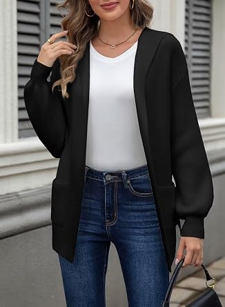Astylish Women Hooded Cardigan Sweaters Chunky Open Front Pockets Oversized Solid Ribbed Outerwear Fall Outfits