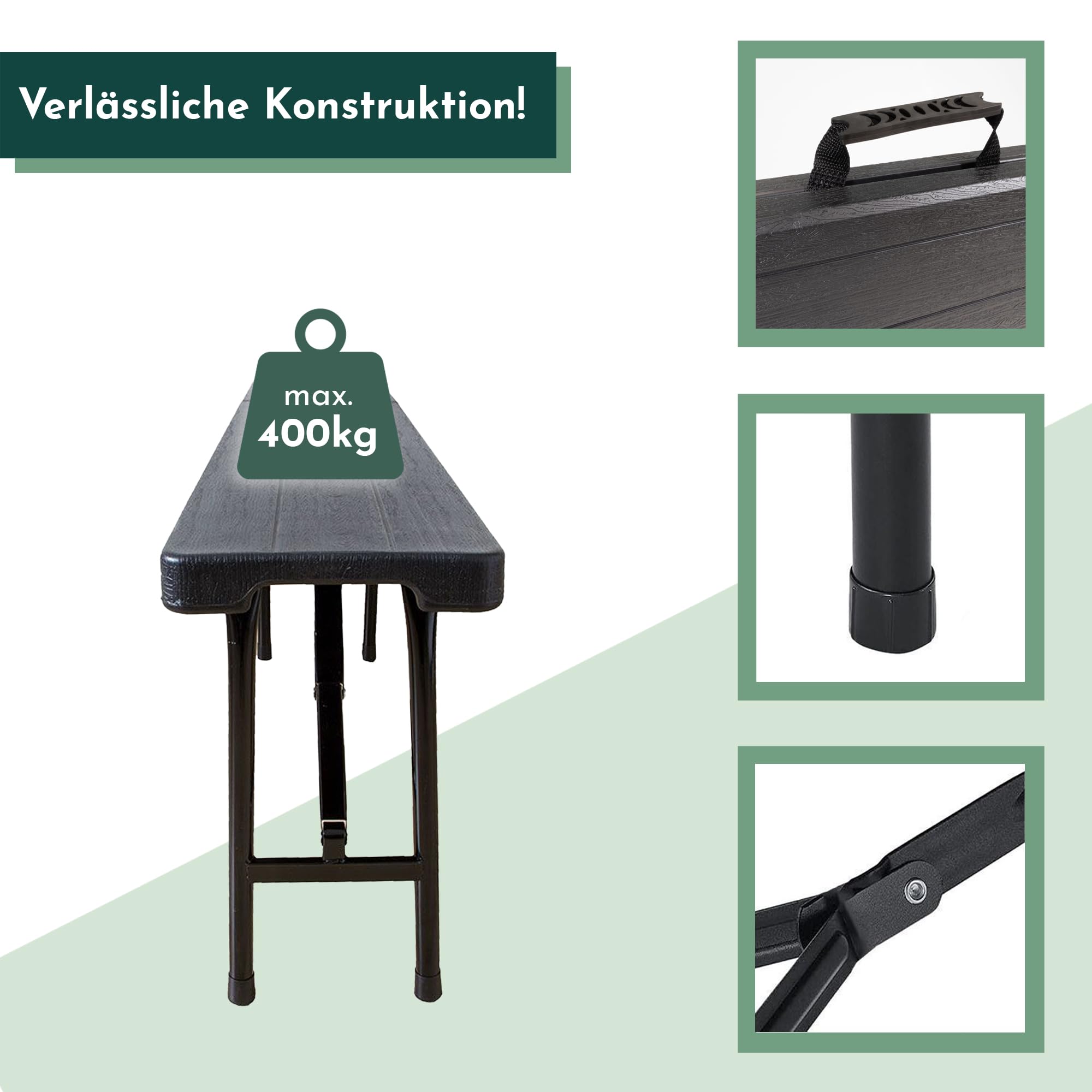 Lemodo Klappbank 2er Set – klappbare Bierbank 180 x 25 cm, bis 400 kg pro Bank belastbar, stabile Sitzbank für Garten, Camping und Feste, Holzoptik, platzsparend mit Tragegriff für 4 Personen