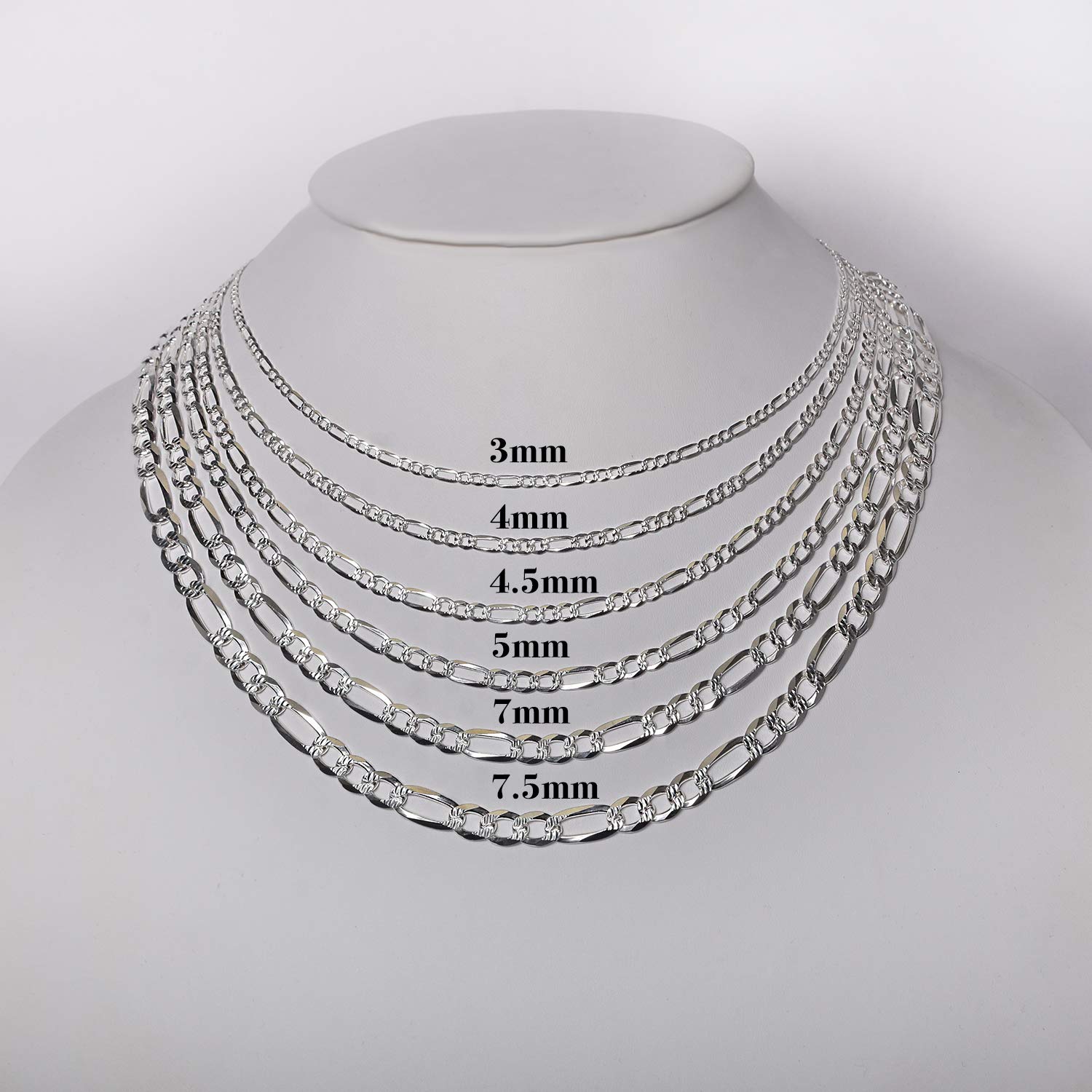 NYC Sterling Cadena de plata de ley maciza auténtica con eslabones Figaro de corte de diamante .925 ITProLux de 3 mm - 7,5 mm, cadena de plata para hombres y mujeres, fabricada en Italia, Plata