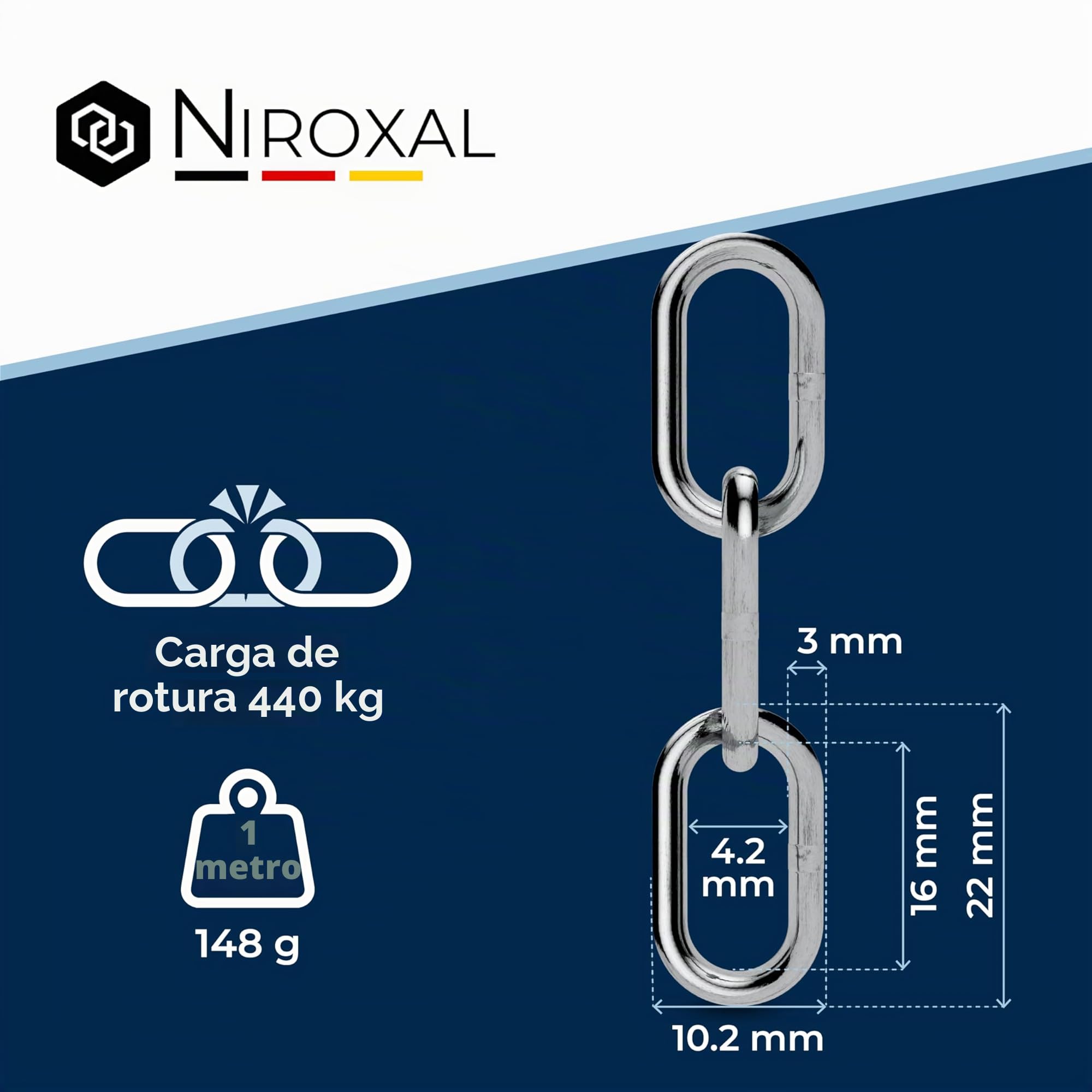 Cadena de acero inoxidable A4 de eslabón corto DIN 766 / DIN 5685 – 3mm x 1m – 1 unidad – para suspensiones pesadas