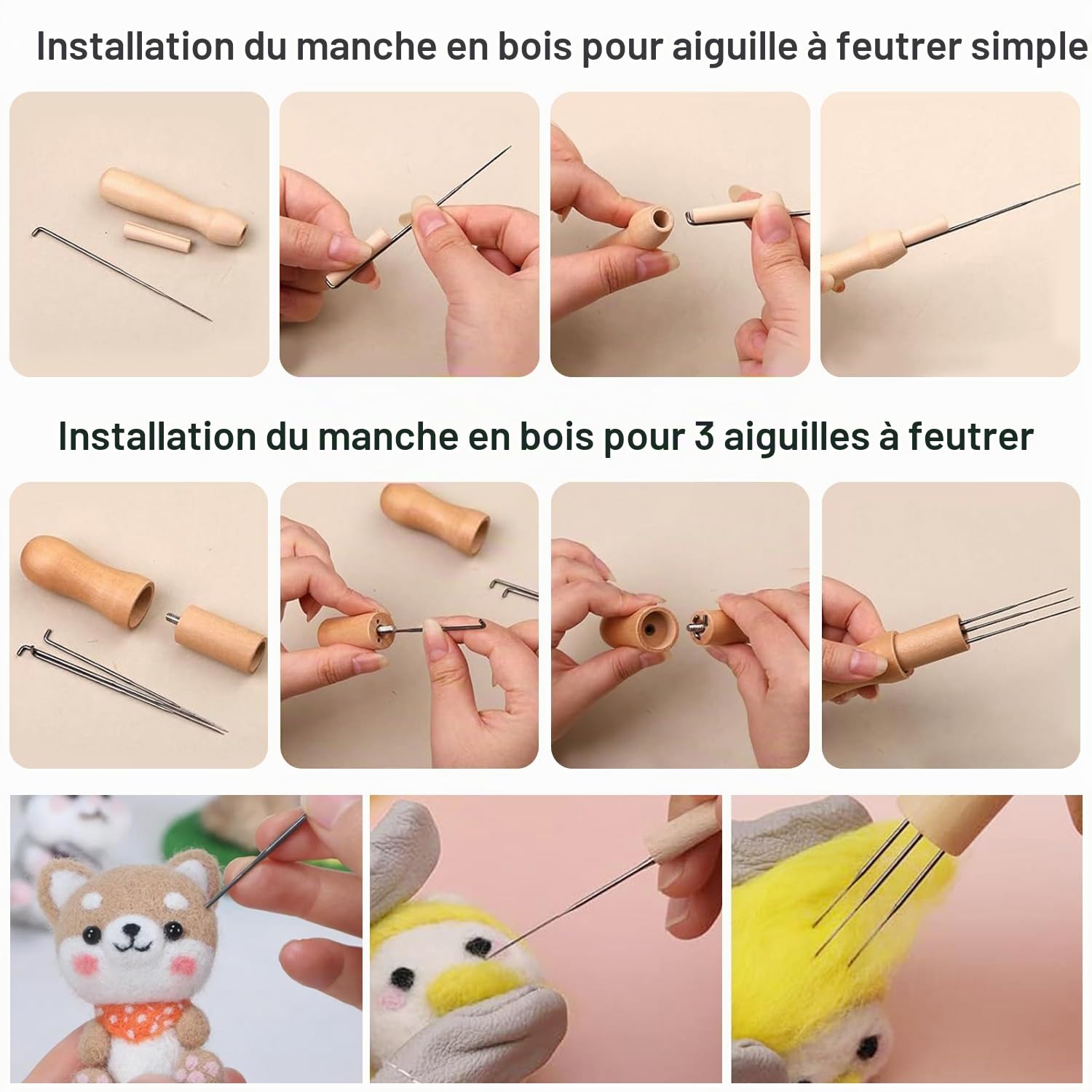 GG04965-aiguilles à feutrer en laine. 3 types pratiques. manche en bois lisse pour artisanat