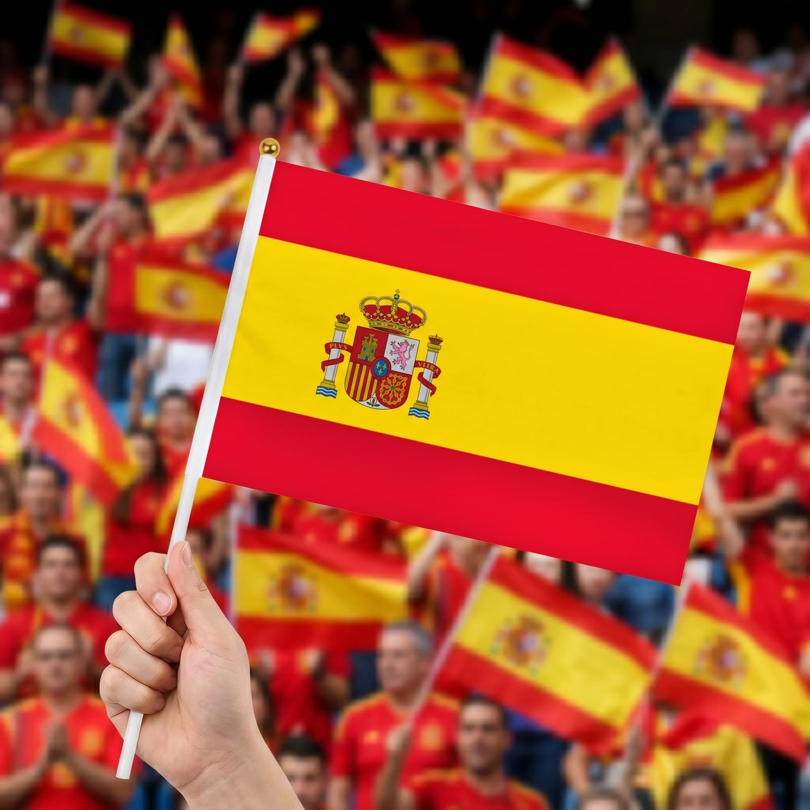 Banderas de Mano España 14x21 cm 10 Unidades Poliéster con Palo para Fútbol y Eventos