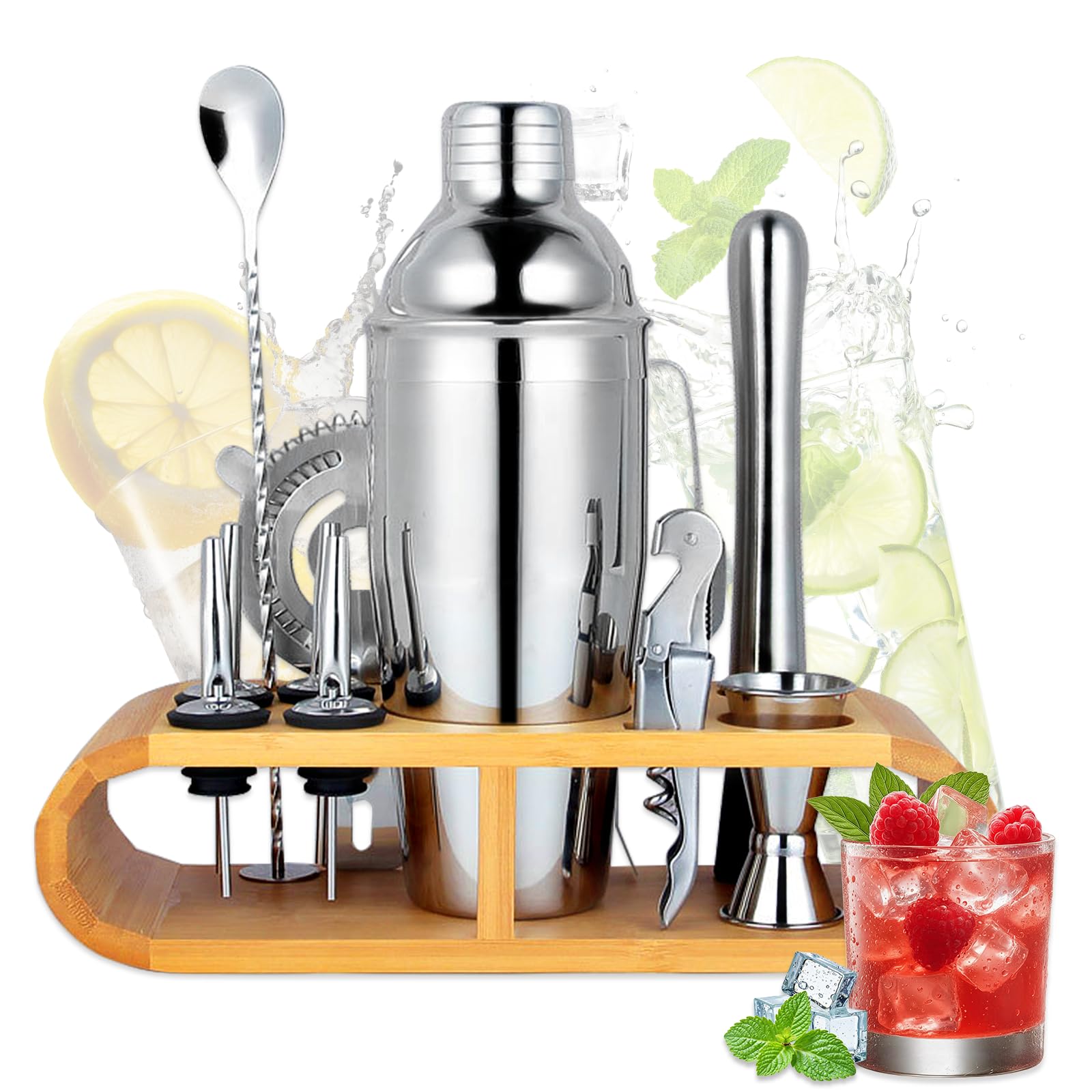 12 Teiliges Cocktail Shaker Set 750ML Edelstahl Barkeeper Kit, Cocktail Mix Set mit Holzständer, All-in-One Barkeeper Set für Zuhause oder die Bar,Geschenke zum Fest für Männer und Frauen