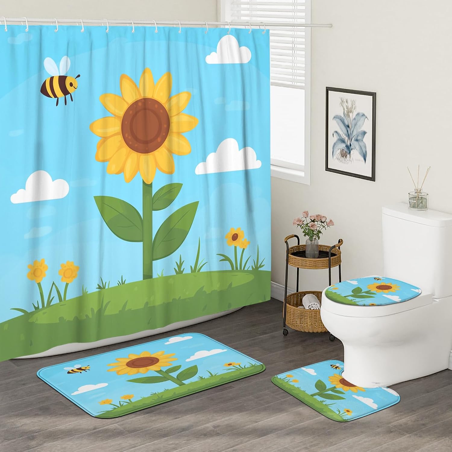 4PCS Fun Kids Bee Bathroom Sets, Bath Accessory with Non-Slip Rug, U Shape and Toilet Lid Cover Mat, Cartoon Sunflower Insect Bathroom Decor-72''x72''