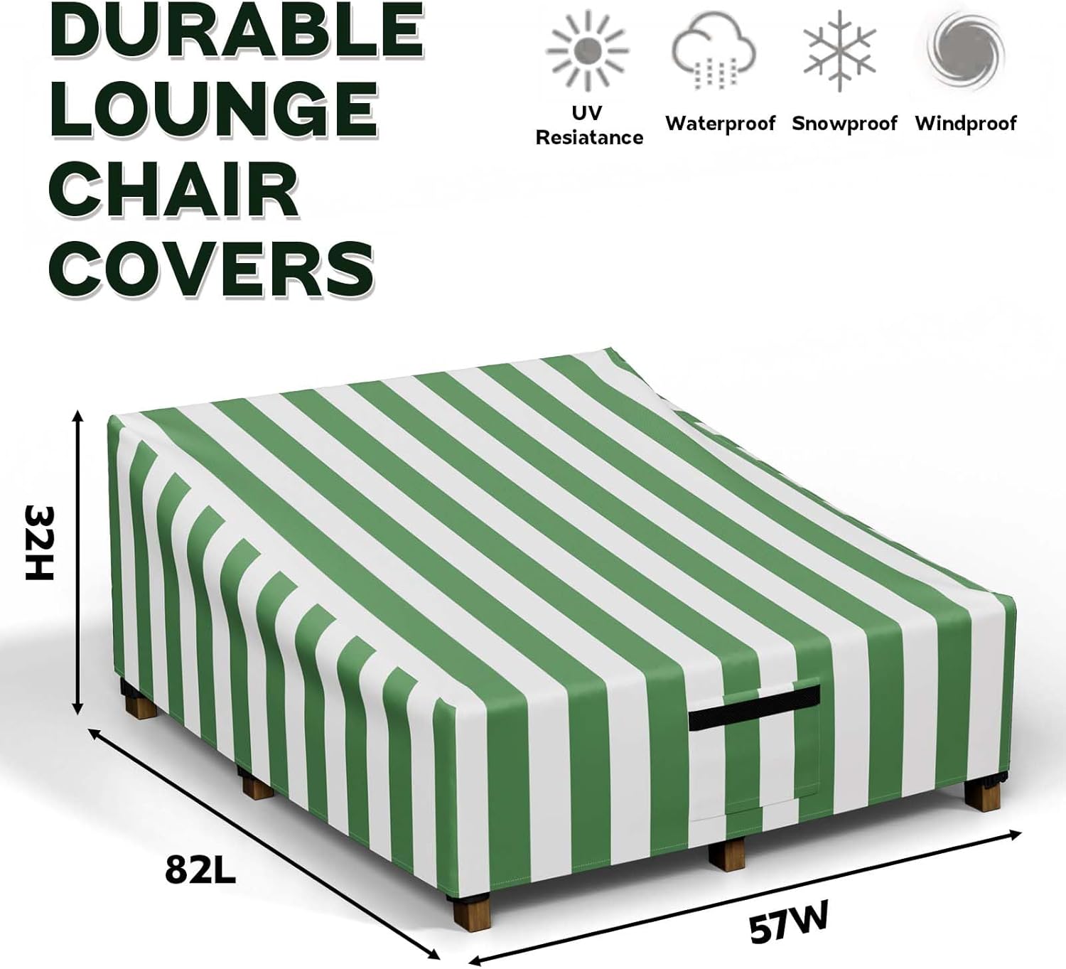 Outdoor Double Wide Chaise Lounge Covers - Patio Chaise Lounge Covers Heavy Duty Waterproof Outdoor Patio Furniture Covers Lounge Chair Covers, 82"L x 57"W x 32"H(Green&White Stripe)