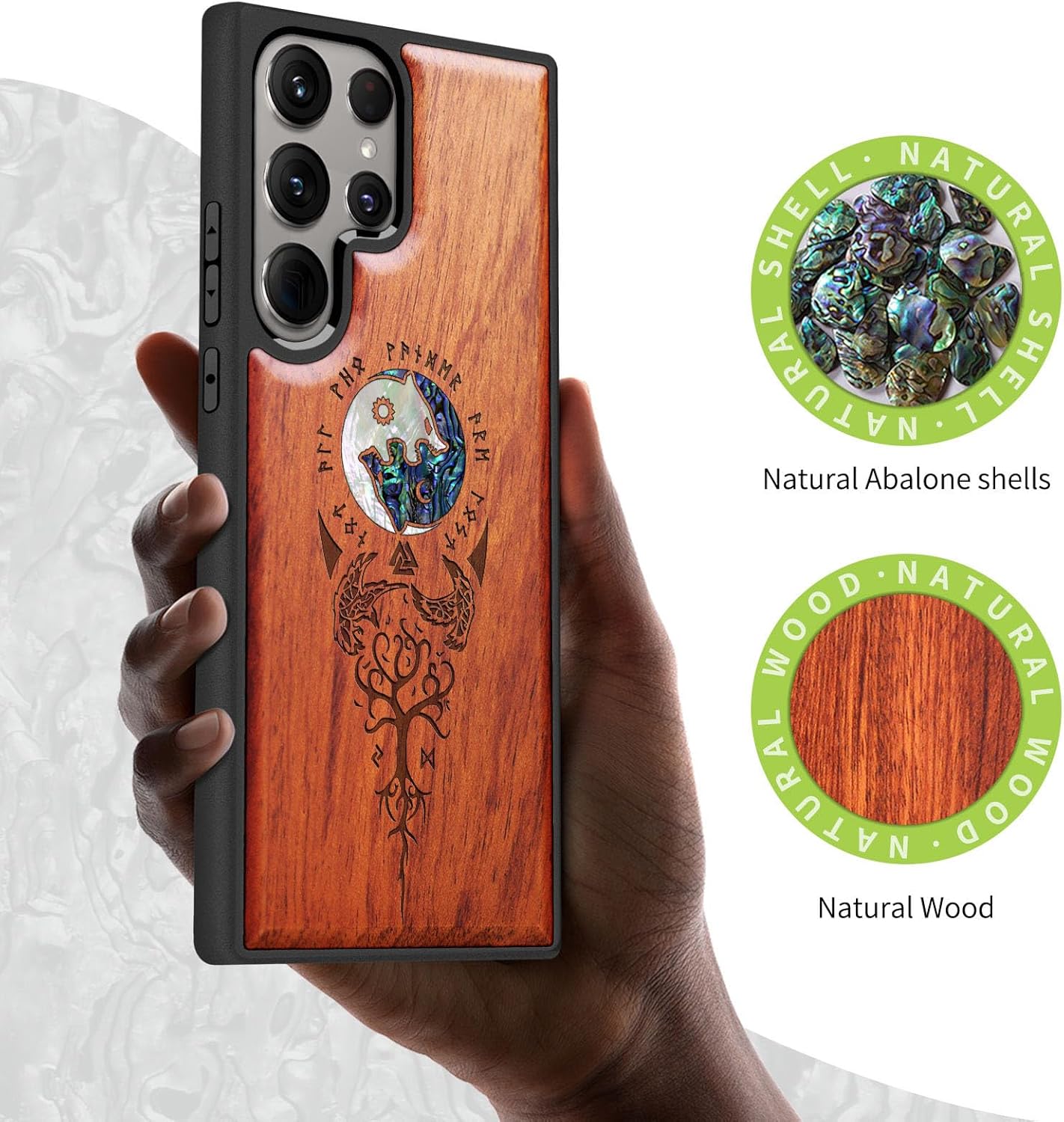 Carveit Designer Wooden Case for Samsung Galaxy S24 Ultra Case [Wood Engraving & Shell Inlay] Compatible with Wireless Chargers S24 Ultra Cover (Yin Yang Wolf-Rosy)