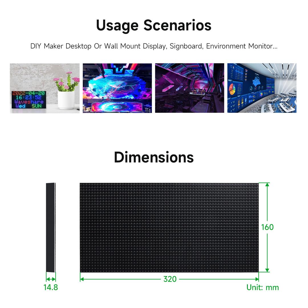 Waveshare RGB Full-Color LED Matrix Panel, 5mm Pitch, 64×32 Pixels, Adjustable Brightness