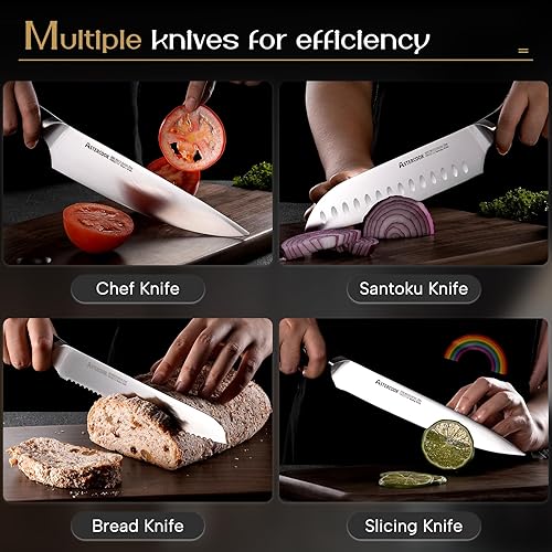 Miniatura 7 de Astercook Juego de cuchillos de cocina con bloque y afilador doble, 15 cuchillos de acero inoxidable alemán de hoja afilada, aptos para