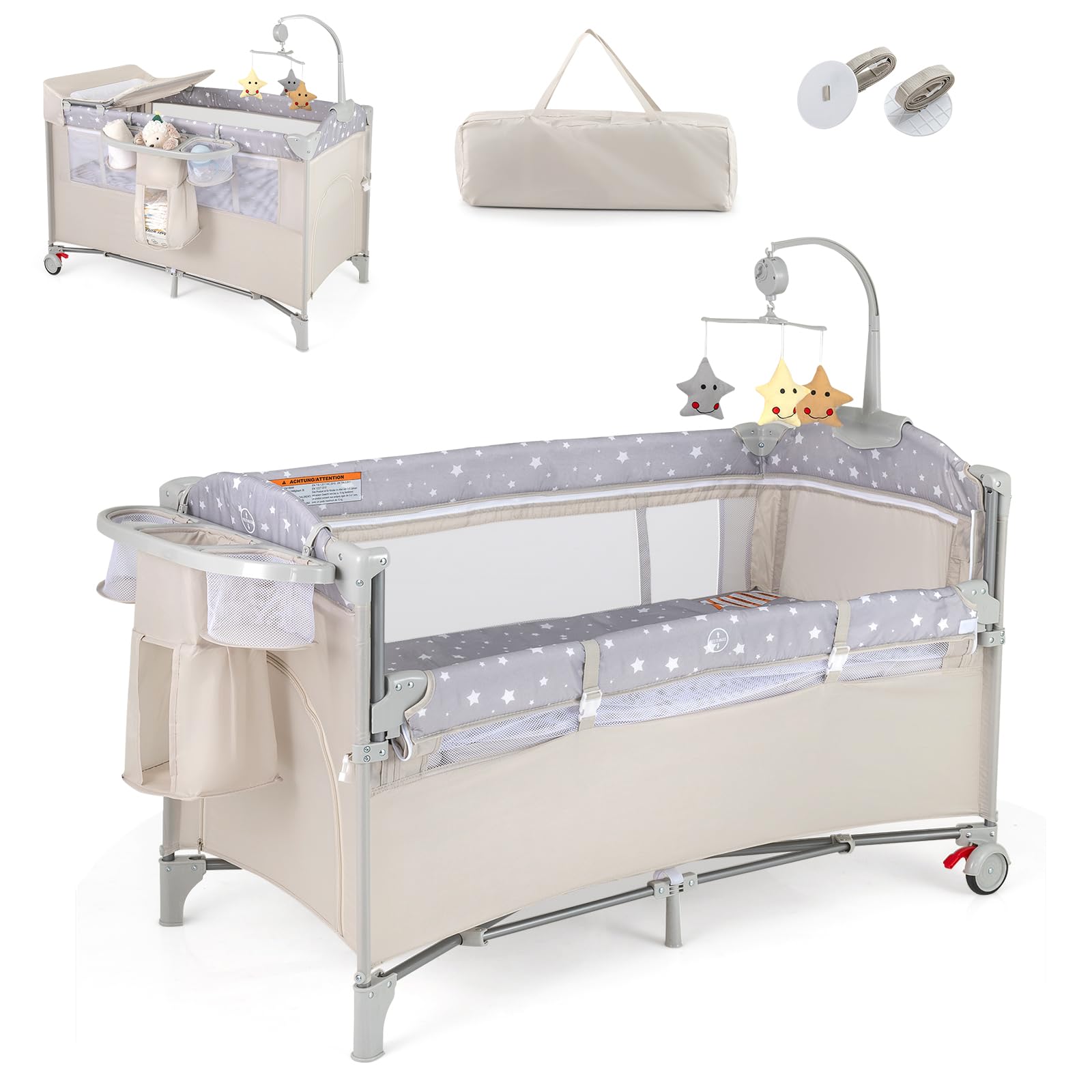 Baby Travel Cot, 5 in 1 Foldable Baby Bedside Sleeper with Bassinet Diaper Changer Mattress Toy Arch Music Box, Detachable Side Rail, Portable Crib Playard Pack and Play for Newborn Infant