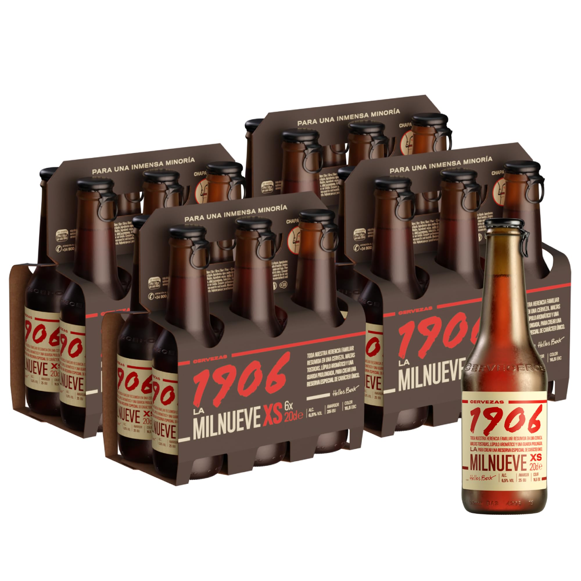 1906 - Reserva Especial XS, Cerveza Lager Extra, 24 Botellas x 20 cl | Maltas Tostadas, Lúpulo Perle, Aroma a Caramelo y Café, Formato Mini, Ideal Compartir, 6,5% Volumen de Alcohol