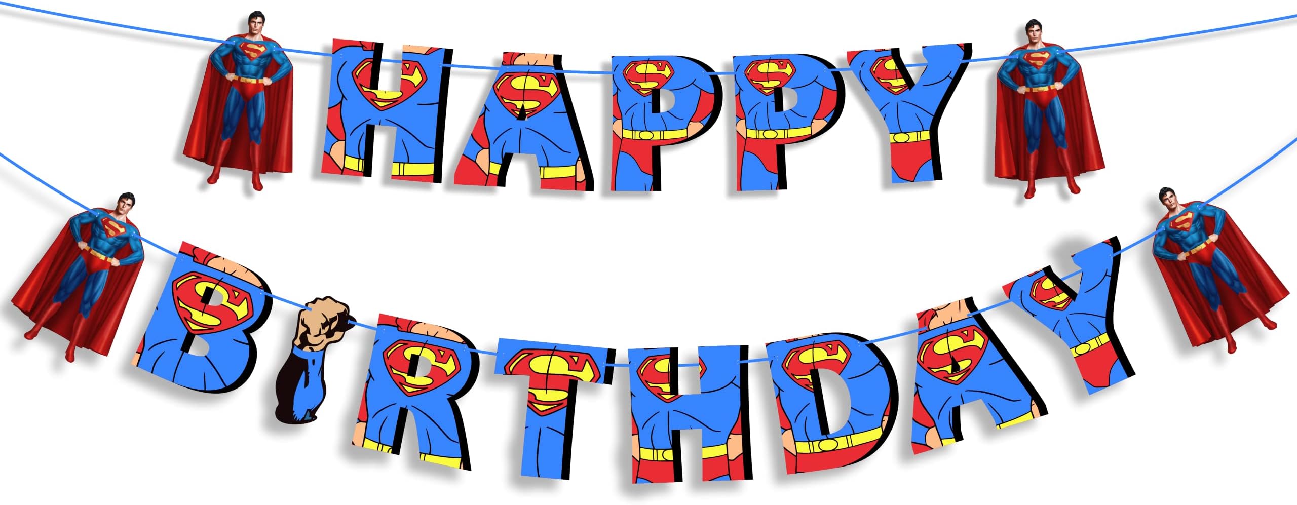 Suprmn Happy Birthday Banner – Superhero Themed Birthday Party Decoration – Durable, Reusable, and Easy to Hang Banner for Birthday Parties – Perfect Party Supplies for Boys and Girls Celebration