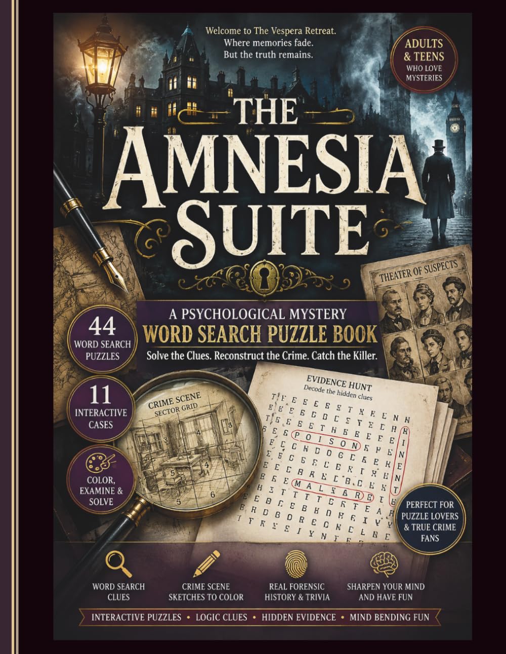 The Amnesia Suite: An Interactive Psychological Mystery Word Search Puzzle Book | Solve Crime Scene Clues, Decode Hidden Evidence, Catch the Killer