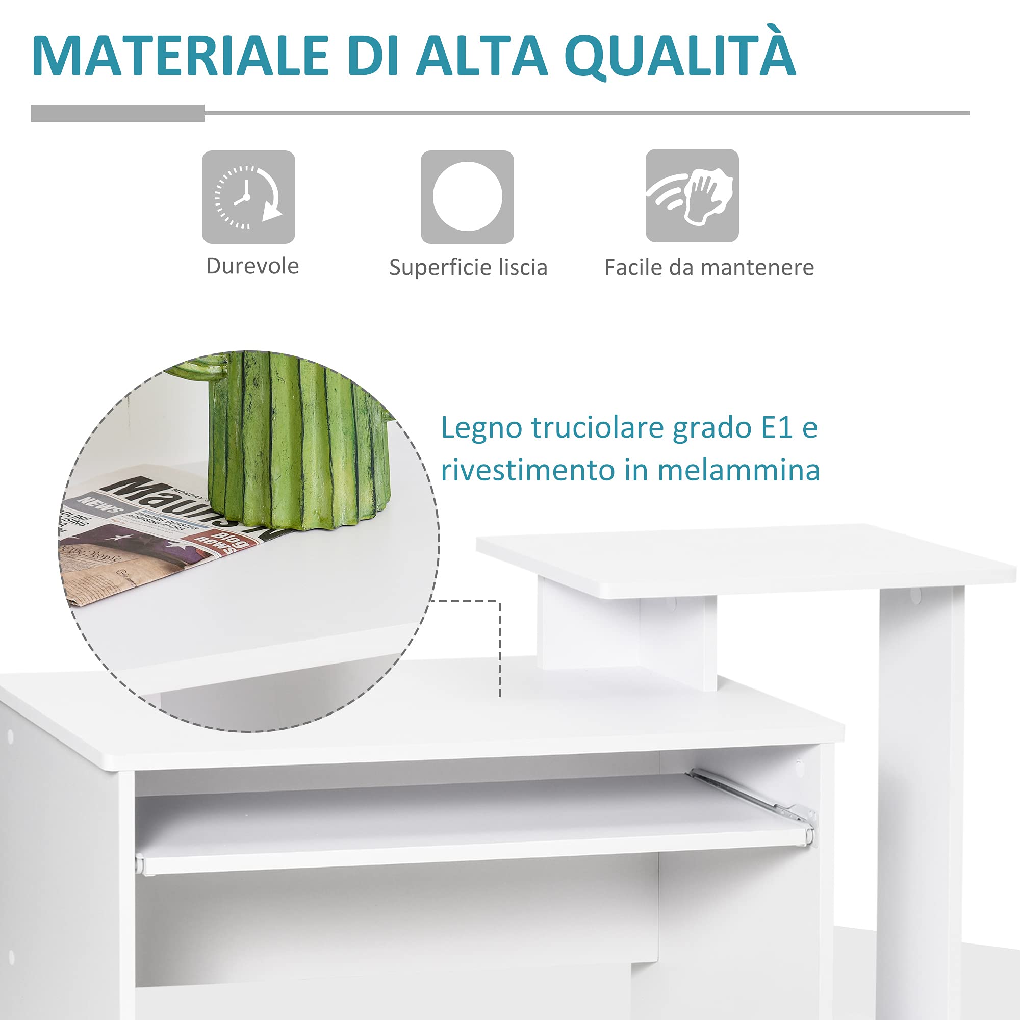 HOMCOM Scrivania Moderna per PC con Ripiano in Legno 100x40x86.6cm Bianco | Mensola Porta Tastiera, Cassetto in Tessuto