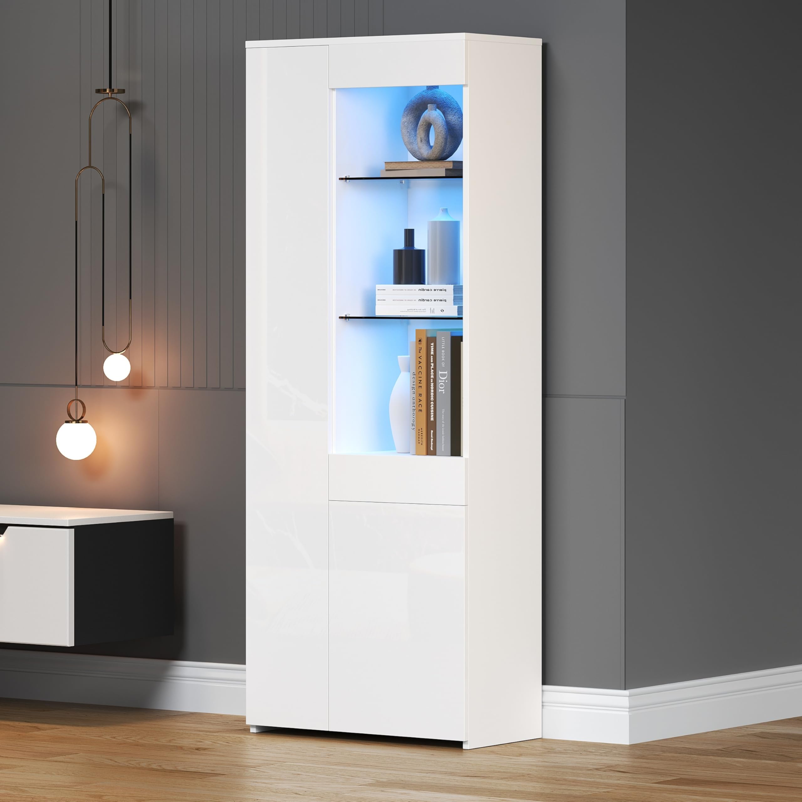 SUKY Vitrina con cajones, 70 x 35 x 180 cm, vitrina de alto brillo, vitrina de cristal con iluminación LED, armario alto con armario, vitrina de pie, almacenamiento en pared divisoria