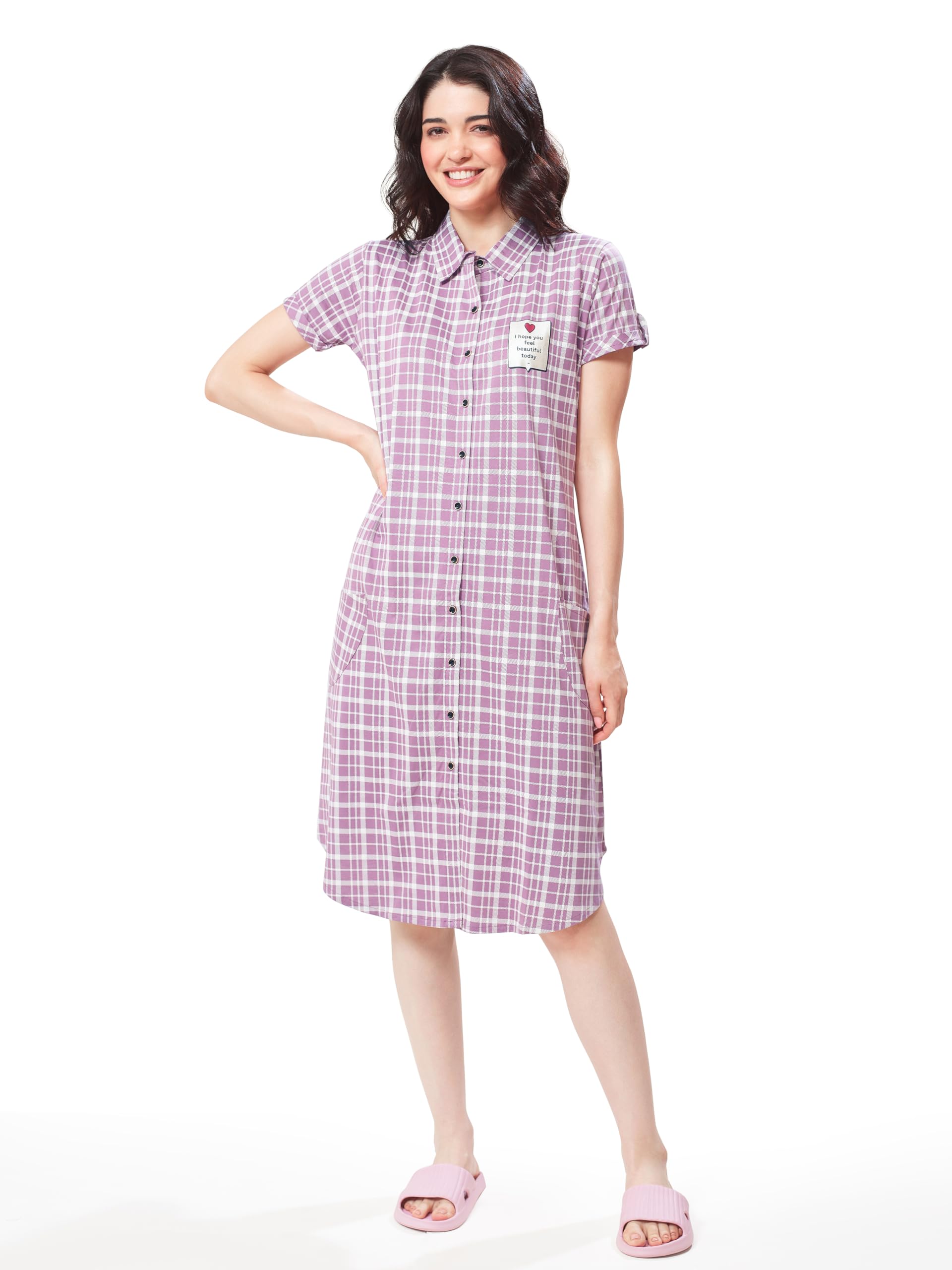 lotik Women's Cotton Checks Print Button Down Sleep Shirt Knee Length Short Nighty-picture-54