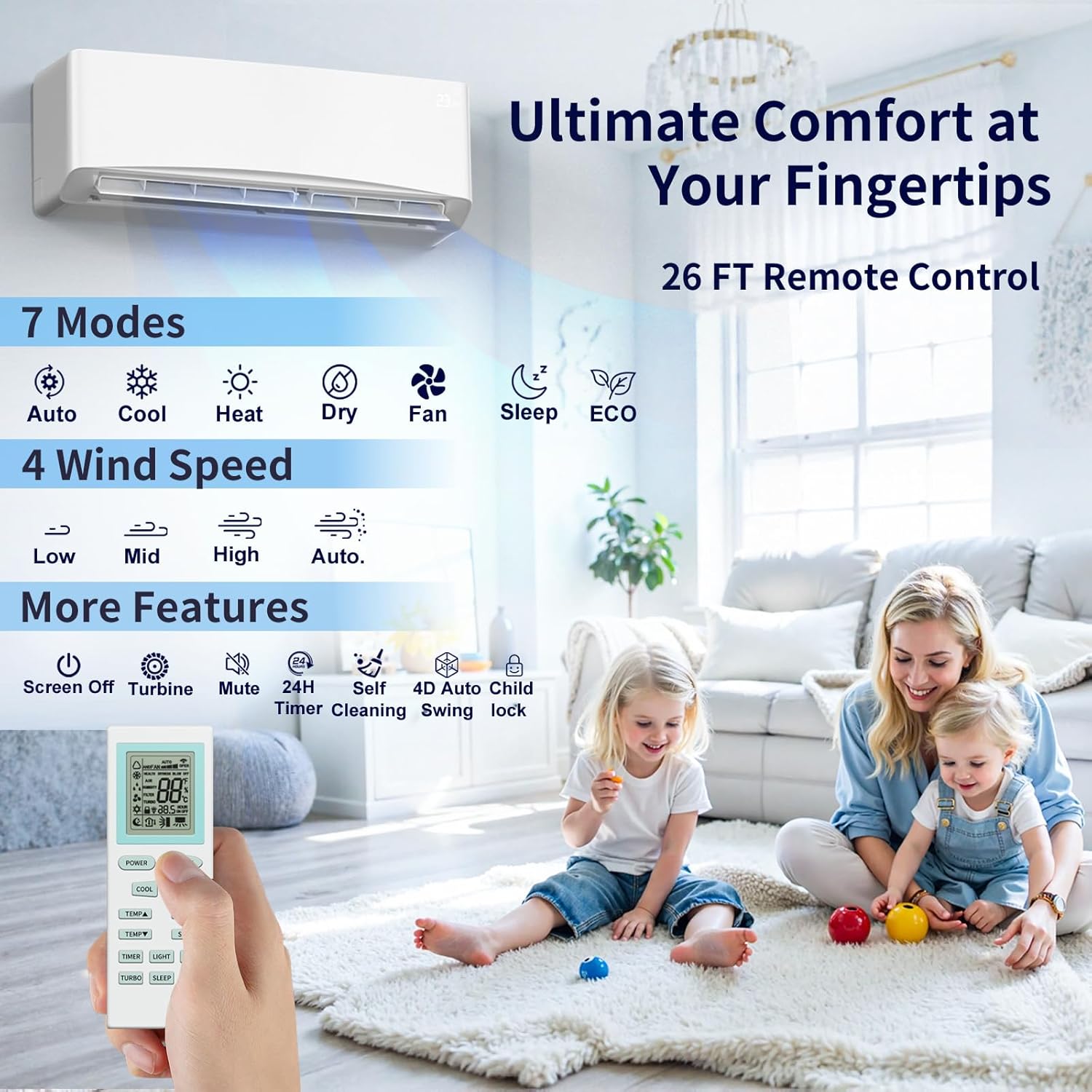 Mini Split AC/Heating System, Energy Efficient Inverter AC Unit with 1 Ton Heat Pump, 12000 BTU Air Conditioner, Coverage Area Up to 750 Sq.Ft 230V