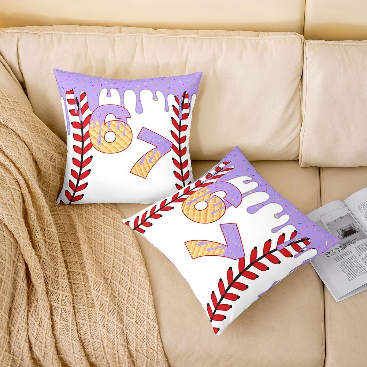 jejeloiu Six Seven 6 7 Throw Pillow Covers Set of 4 Baseball Gaming Square Cushion Covers Ball Game Pillow Case Sports Game Cushion Case for Couch Sofa Purple White Bedroom Decor 16 x 16-Inch image 3