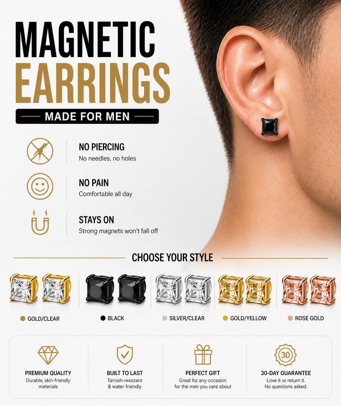 Magnetic Stud Earrings for Men and Women, No Piercing Needed, 5 Pairs 316L Stainless Steel CZ Clip On Ear Studs, Fake Earrings for Non Pierced Ears, Silver Black Gold Rose Gold