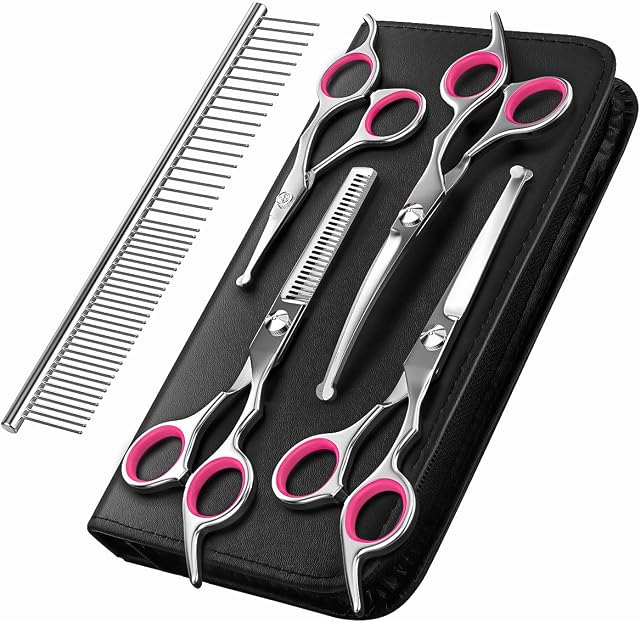 Pawaboo Dog Grooming Scissors Kit 5 Pack, Safety Round Tip Stainless Steel Titanium Coated Pet Grooming Trimmer Set, Thinning/Straight/Curved Shears and Comb with Case for Small Large Pet Dog Cat