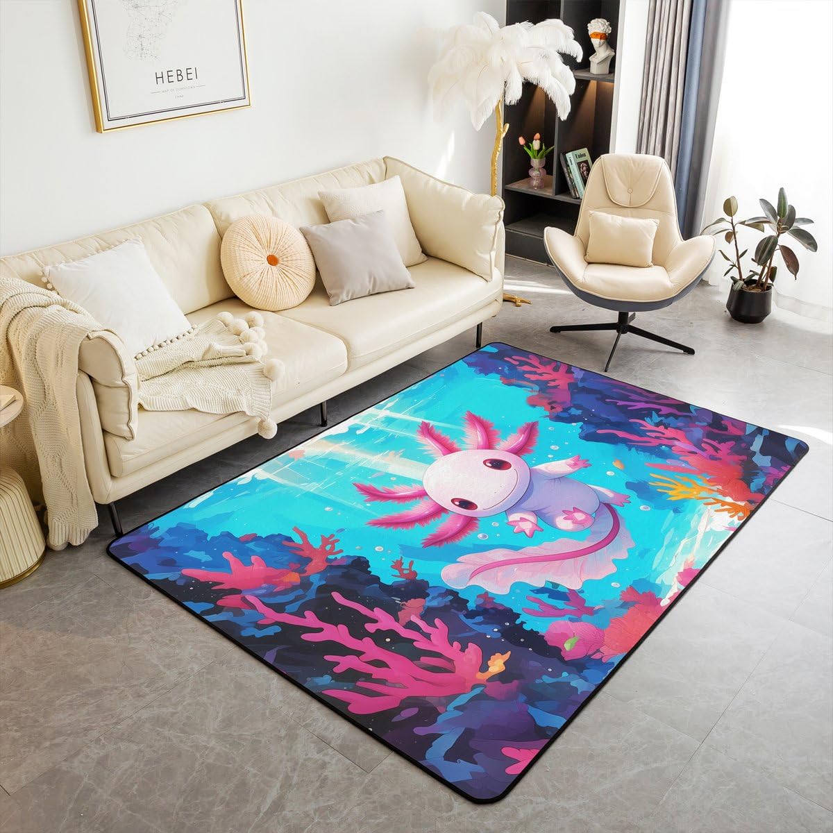 Homewish Ocean Axolotl dywanik, 100 x 150 cm, kreskówkowy salamandra, dywan do salonu, antypoślizgowy, uroczy dywan ze zwierzętami morskimi, do sypialni, kuchni, podwodnego świata, rafa koralowa