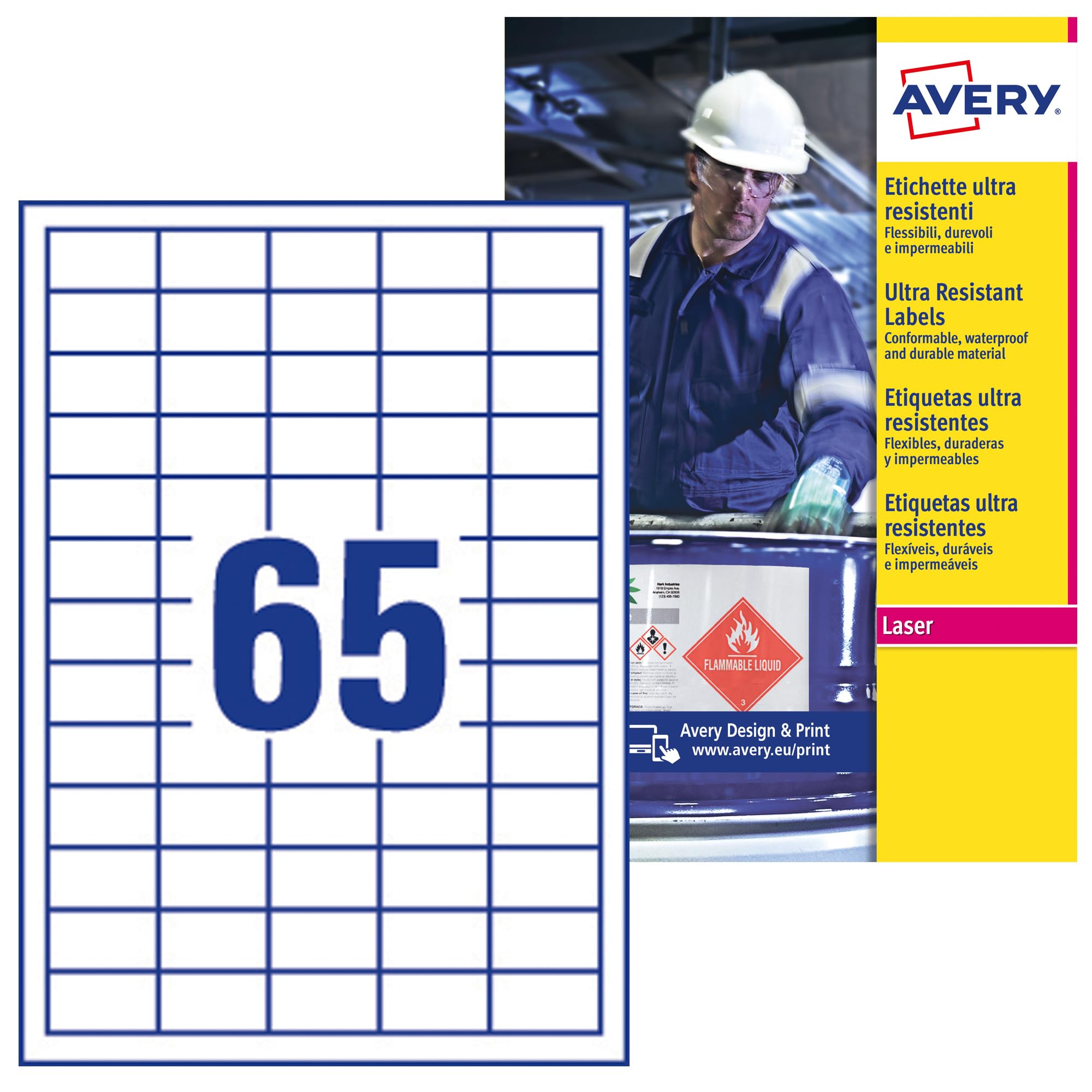 Avery B7651-50 Extra Strong Adhesive, Ultra Heavy Duty Industrial Waterproof Ghs Labels, 65 Labels Per A4 Sheet, White