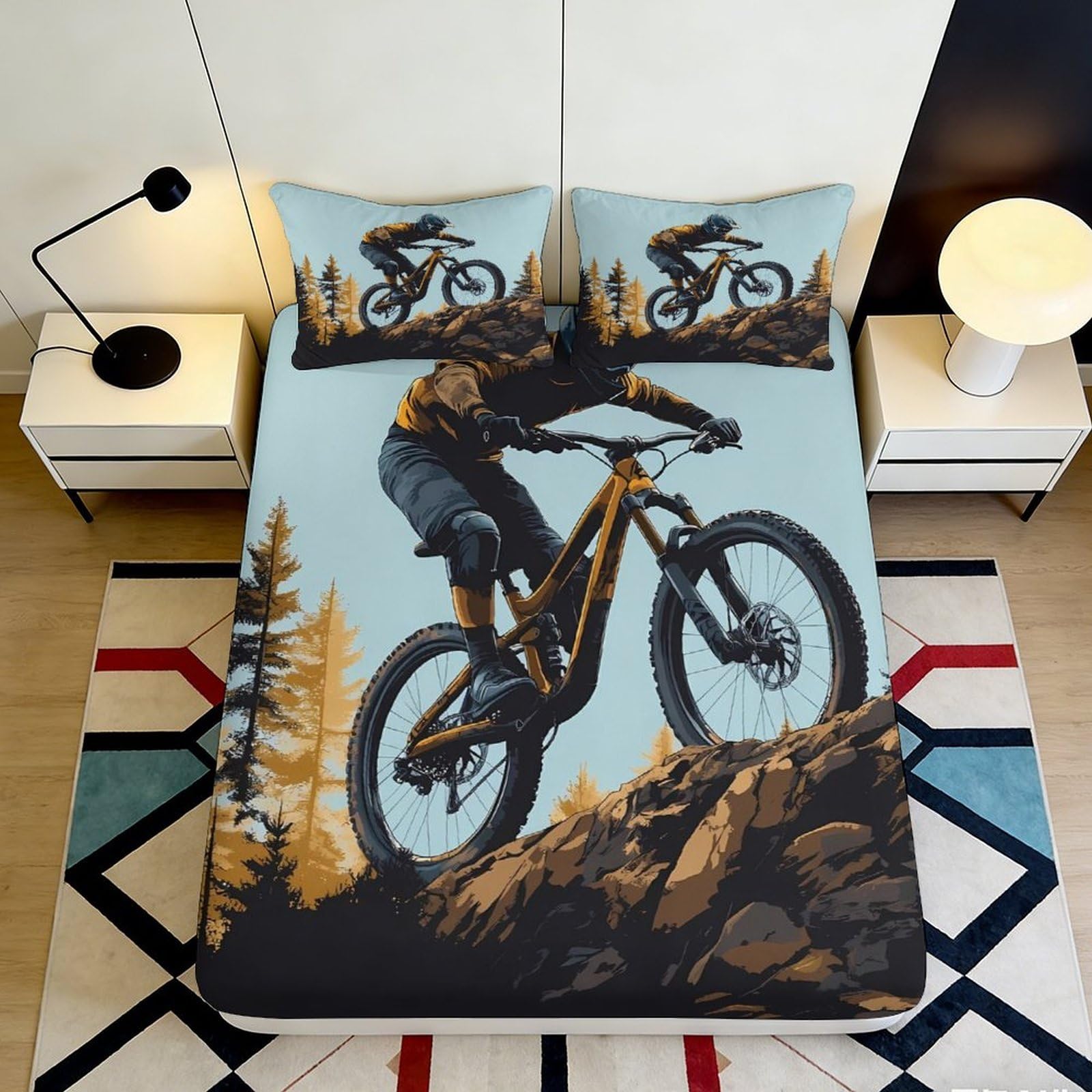3D Printed Mountain Biking Fitted Sheet Microfiber Anti-Slip Forest Adventure Mattress Cover for Bedroom Dorm Decor 160x200x25cm