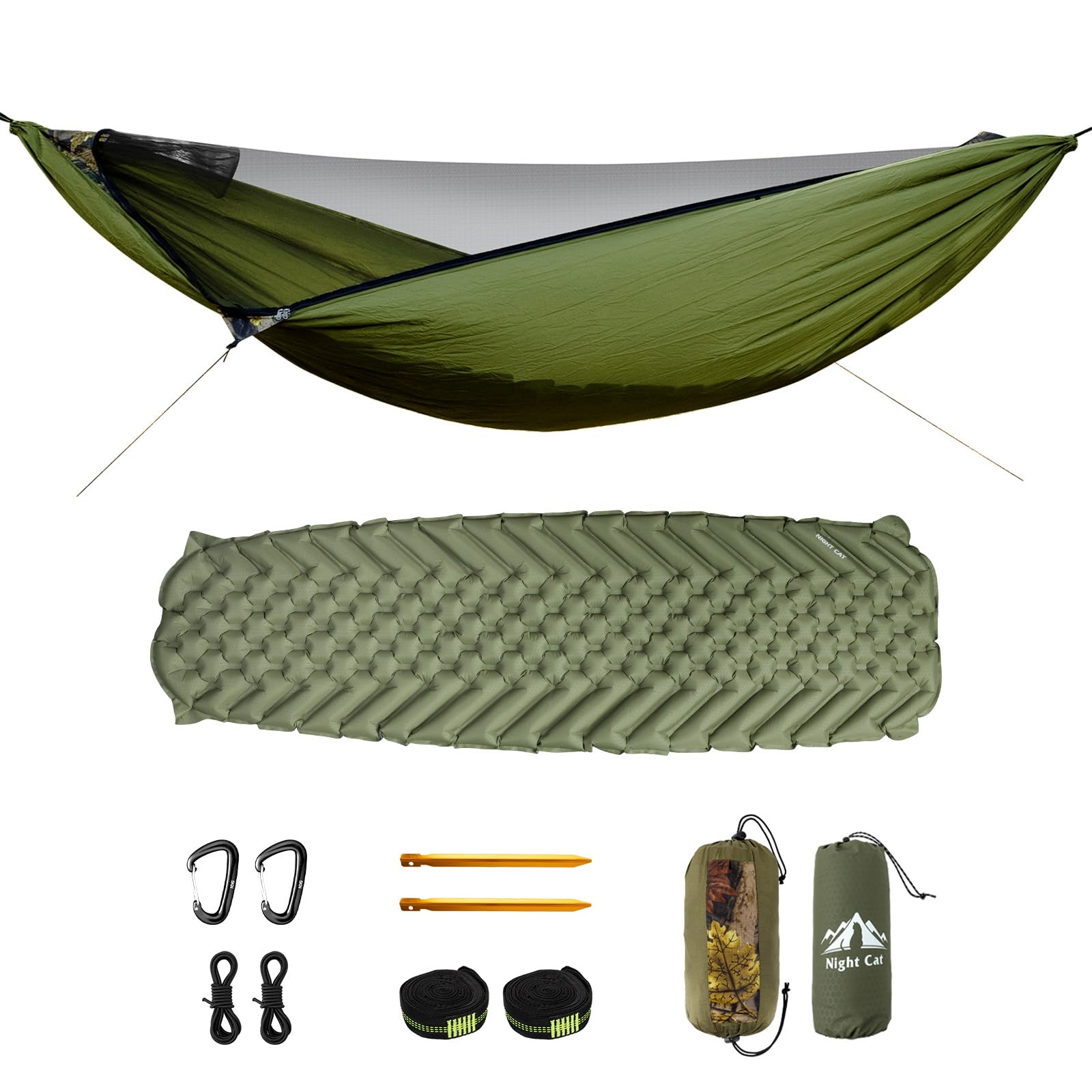 Night Cat Hängematte Outdoor mit Moskitonetz: Camping Hängematte XXL Leicht mit Aufblasbarer Isomatte für 1 Personen für Reise Trekking und Draußen