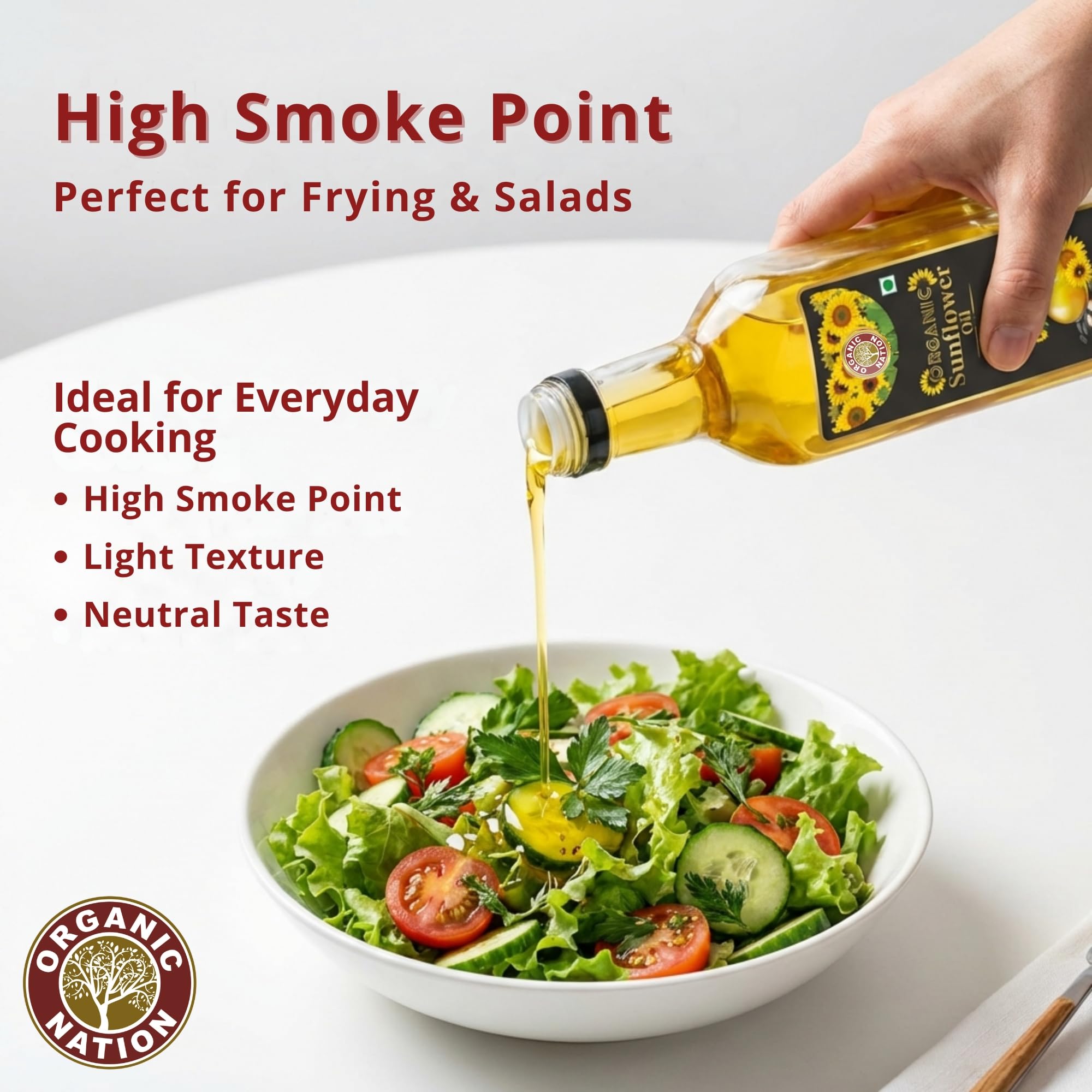 ORGANIC NATION Cold Pressed Sunflower Oil - 1 Litre Pure & Natural, Rich in Vitamin E, No Chemicals | Ideal for Cooking, Frying & Baking, High smoke point, Light Yellow Color 2