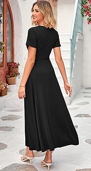 WNEEDU Women's Summer Maxi Dress Short Sleeves Wrap V Neck Long Dresses with Pockets(Black,S) at Amazon Women's Clothing store WNEEDU Women's Summer Maxi Dress Short Sleeves Wrap V Neck Long Dresses with Pockets(Black,S) at Amazon Women's Clothing store