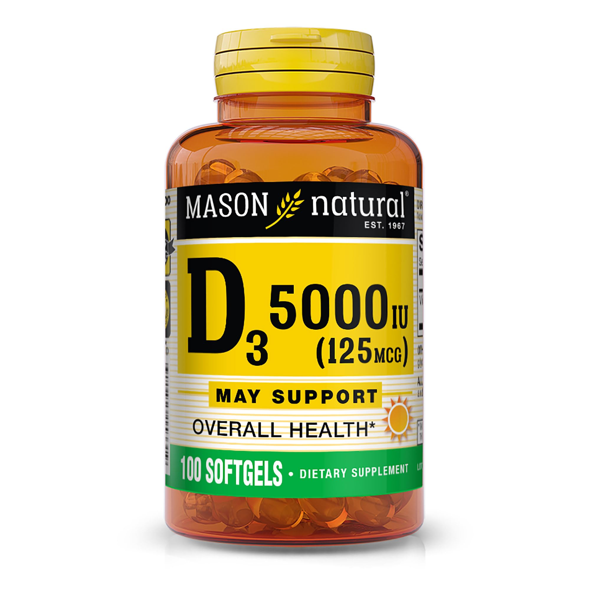 MASON NATURAL Vitamin D3 125 mcg (5000 IU) - Supports Overall Health, Strengthens Bones and Muscles, from Fish Liver Oil, 100 Softgels 100 Count (Pack of 1) 5000 IU