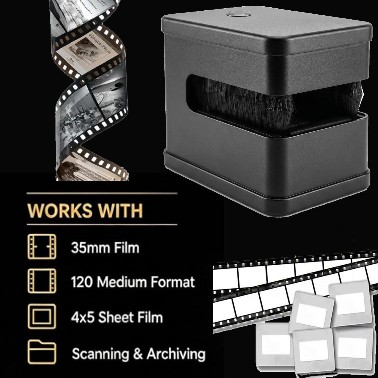 Removedor de polvo de película eléctrica, cepillo de limpieza antiestático, doble cara, bajo ruido, perfecto para negativos de 4 x 5, película deslizante y imágenes en movimiento